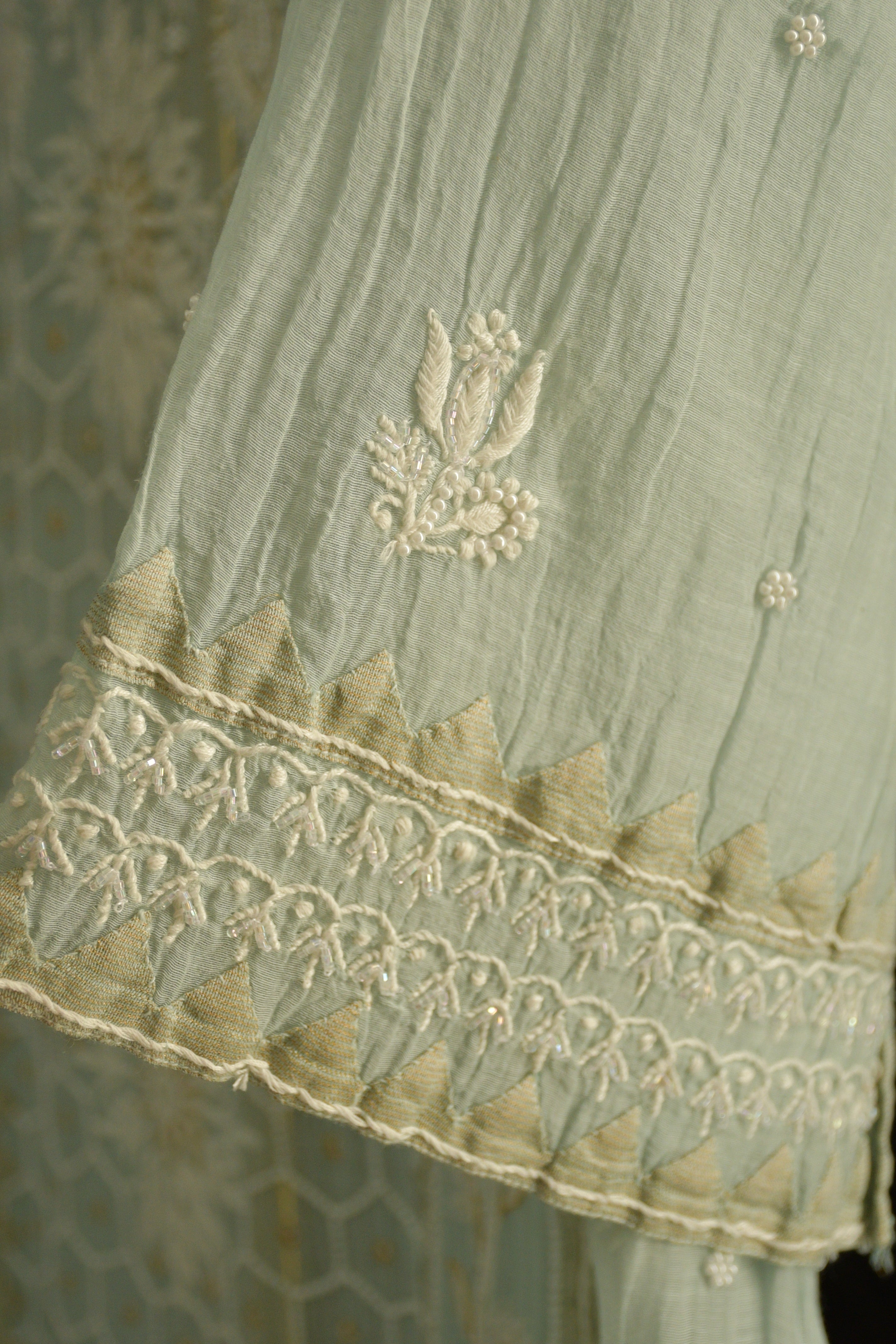 Mint Green Mul Chanderi Chikankari Kurta Set