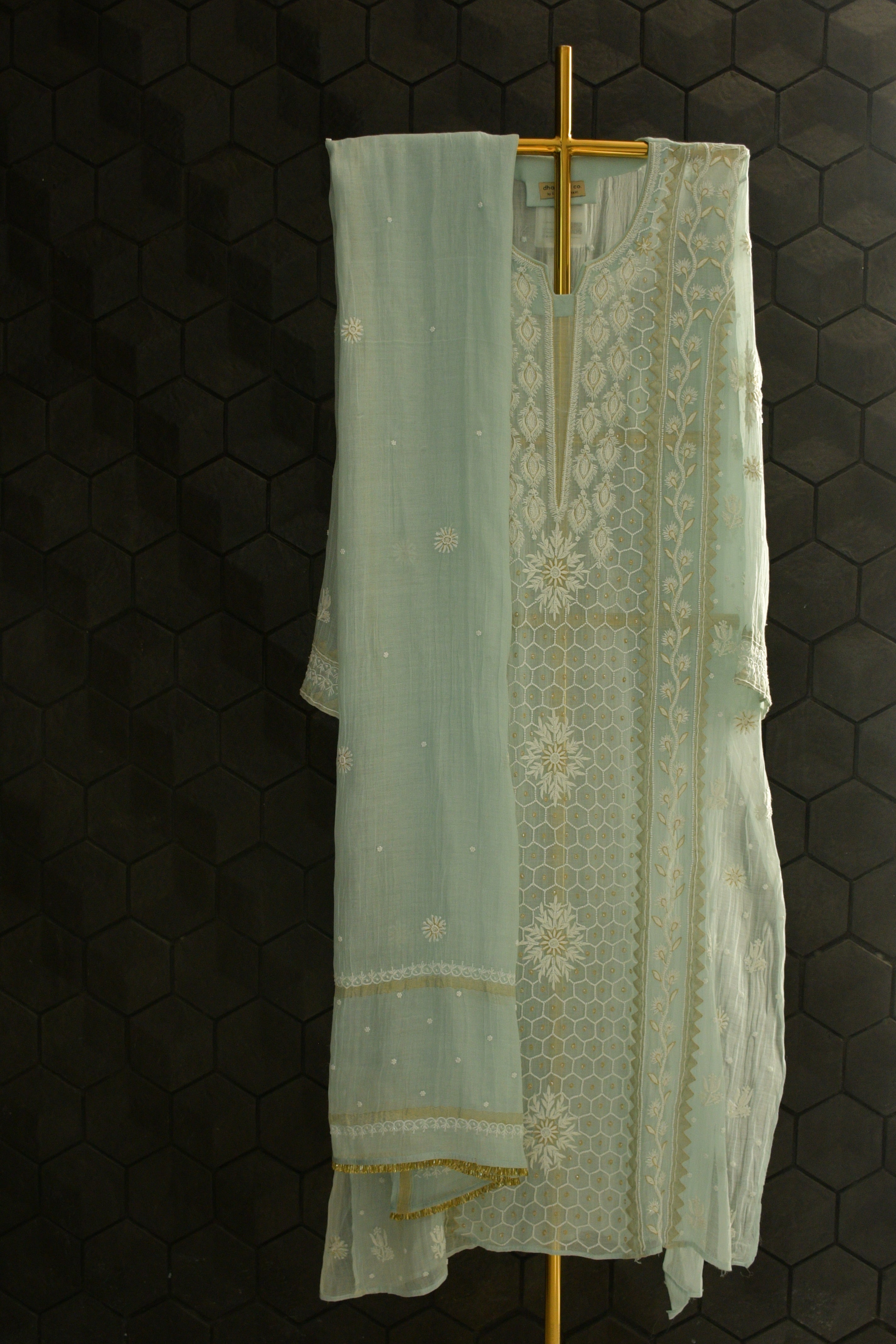 Mint Green Mul Chanderi Chikankari Kurta Set