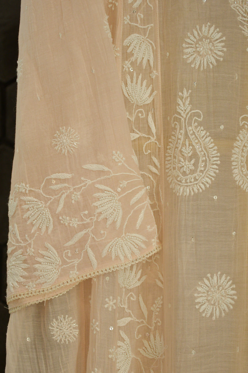 Peach Mul Chanderi Chikankari Kurta Set