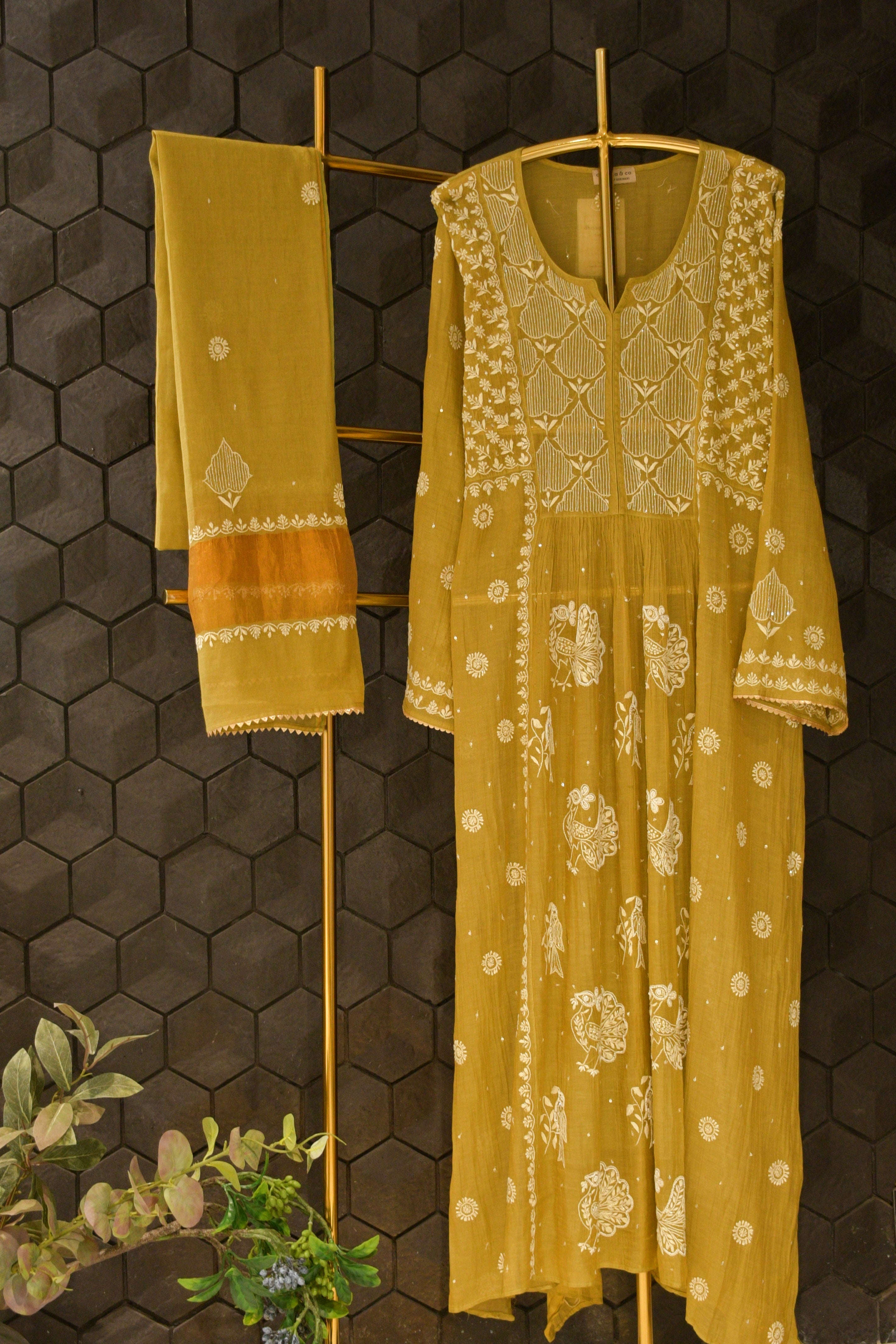 Lime Green Tissue Chikankari Kurta Set.