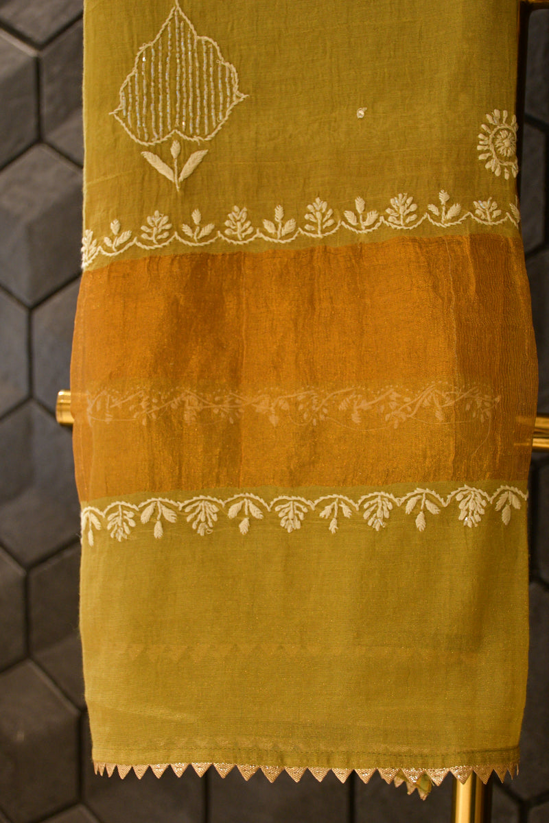 Lime Green Tissue Chikankari Kurta Set.