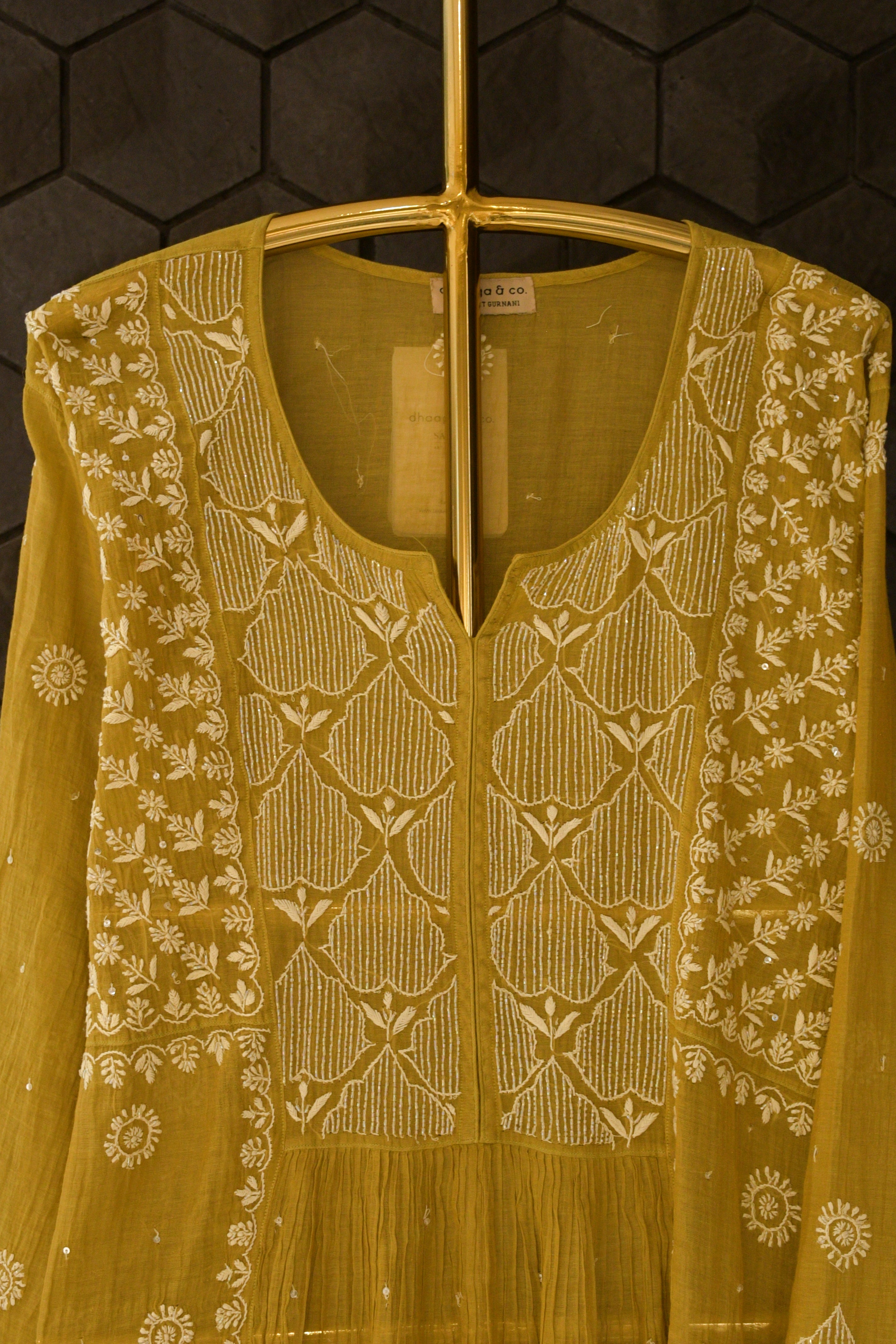 Lime Green Tissue Chikankari Kurta Set.