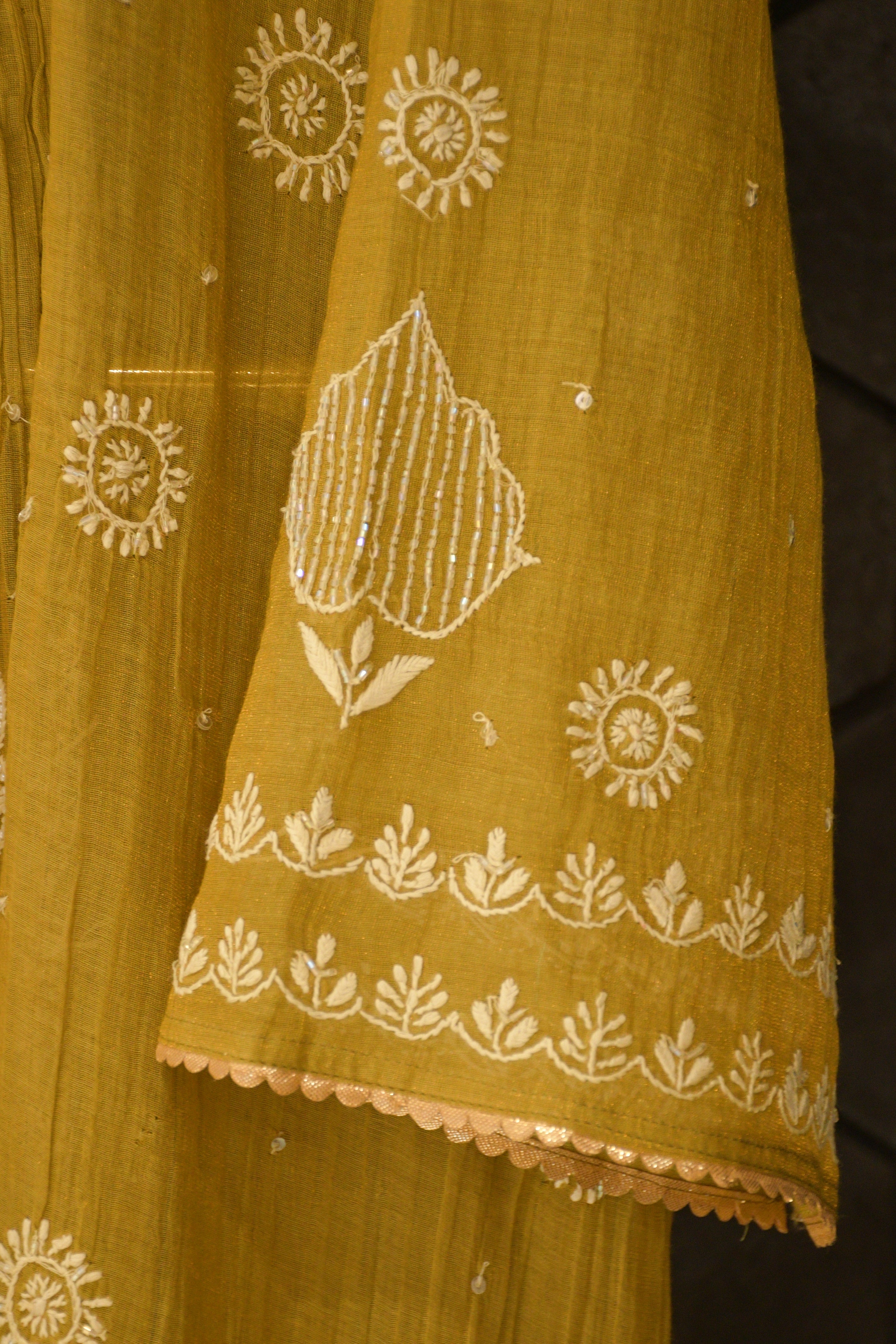 Lime Green Tissue Chikankari Kurta Set.