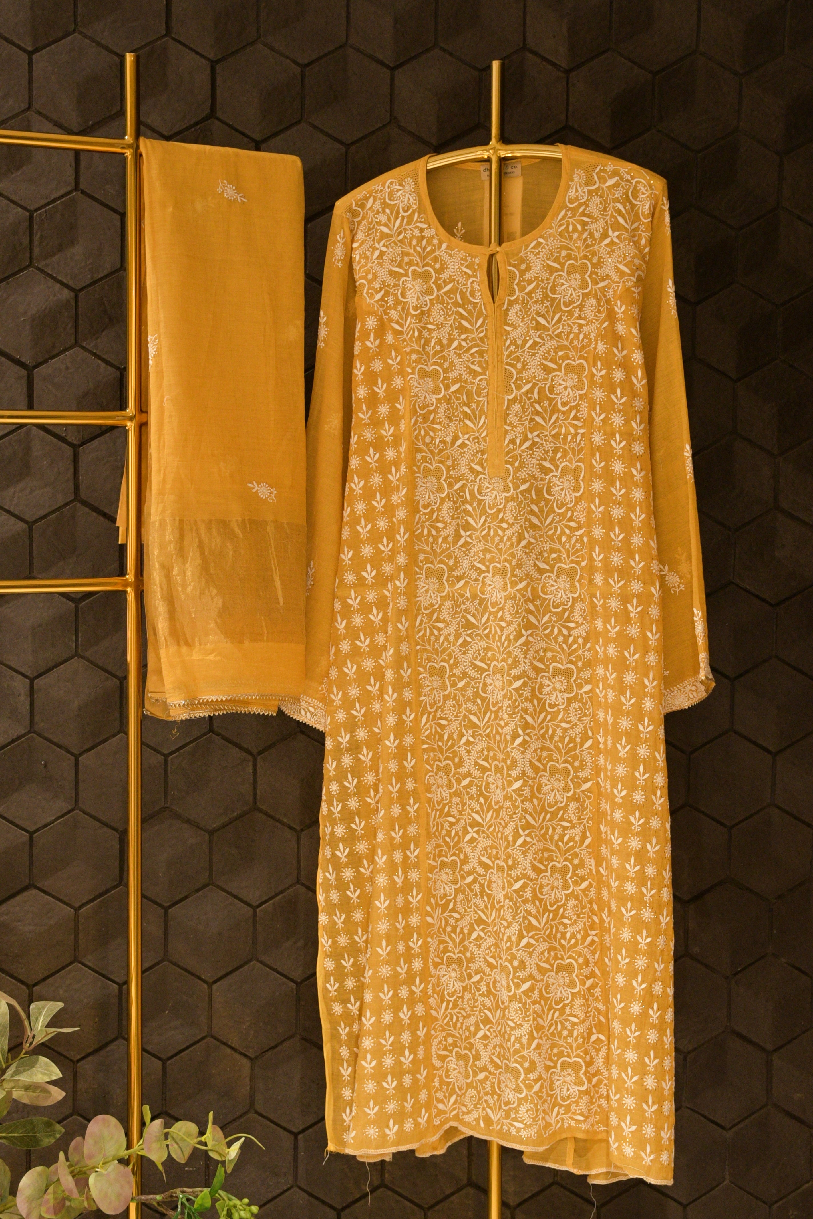 Mustard Yellow Tissue Chikankari Straight Kurta Set