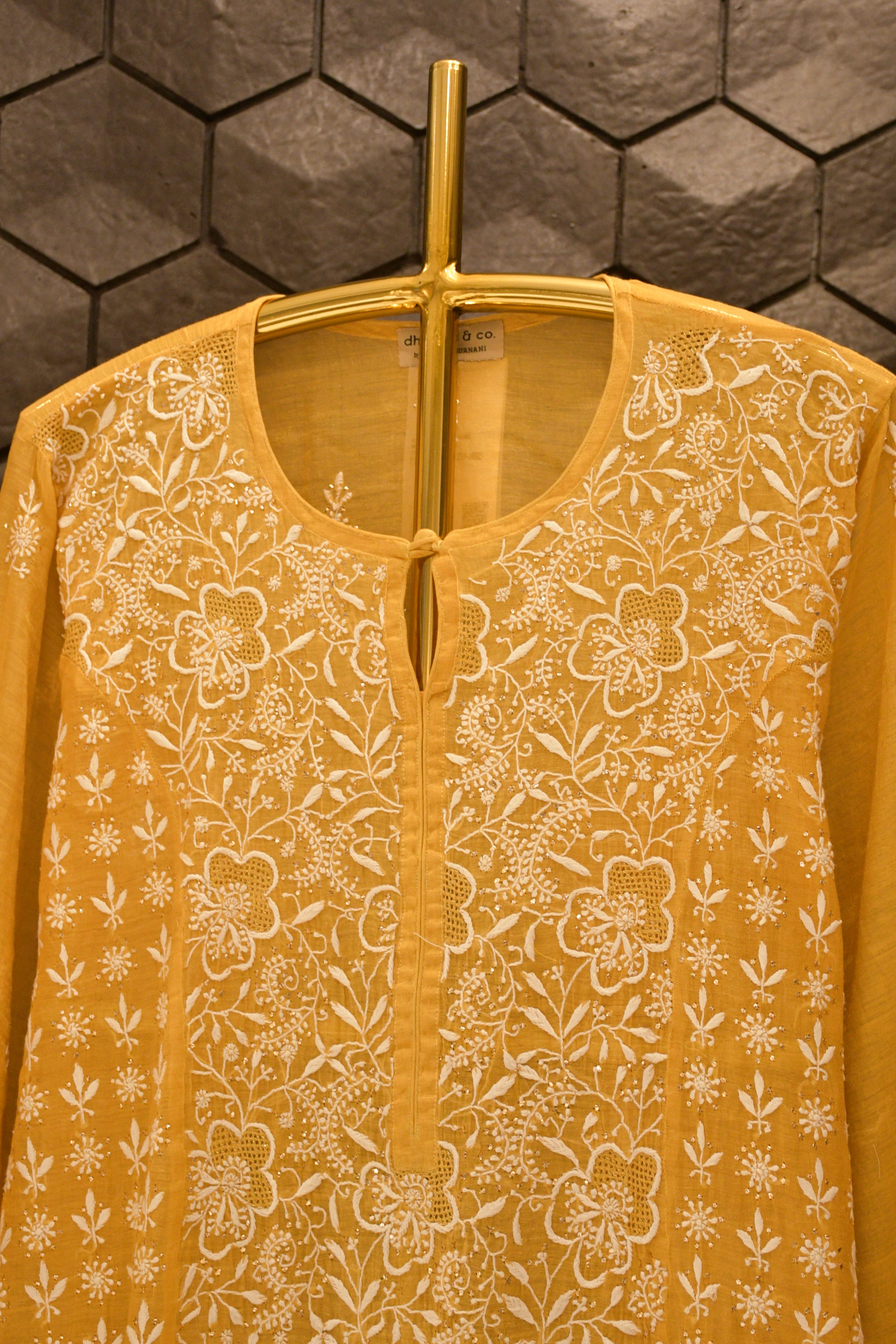 Mustard Yellow Tissue Chikankari Straight Kurta Set