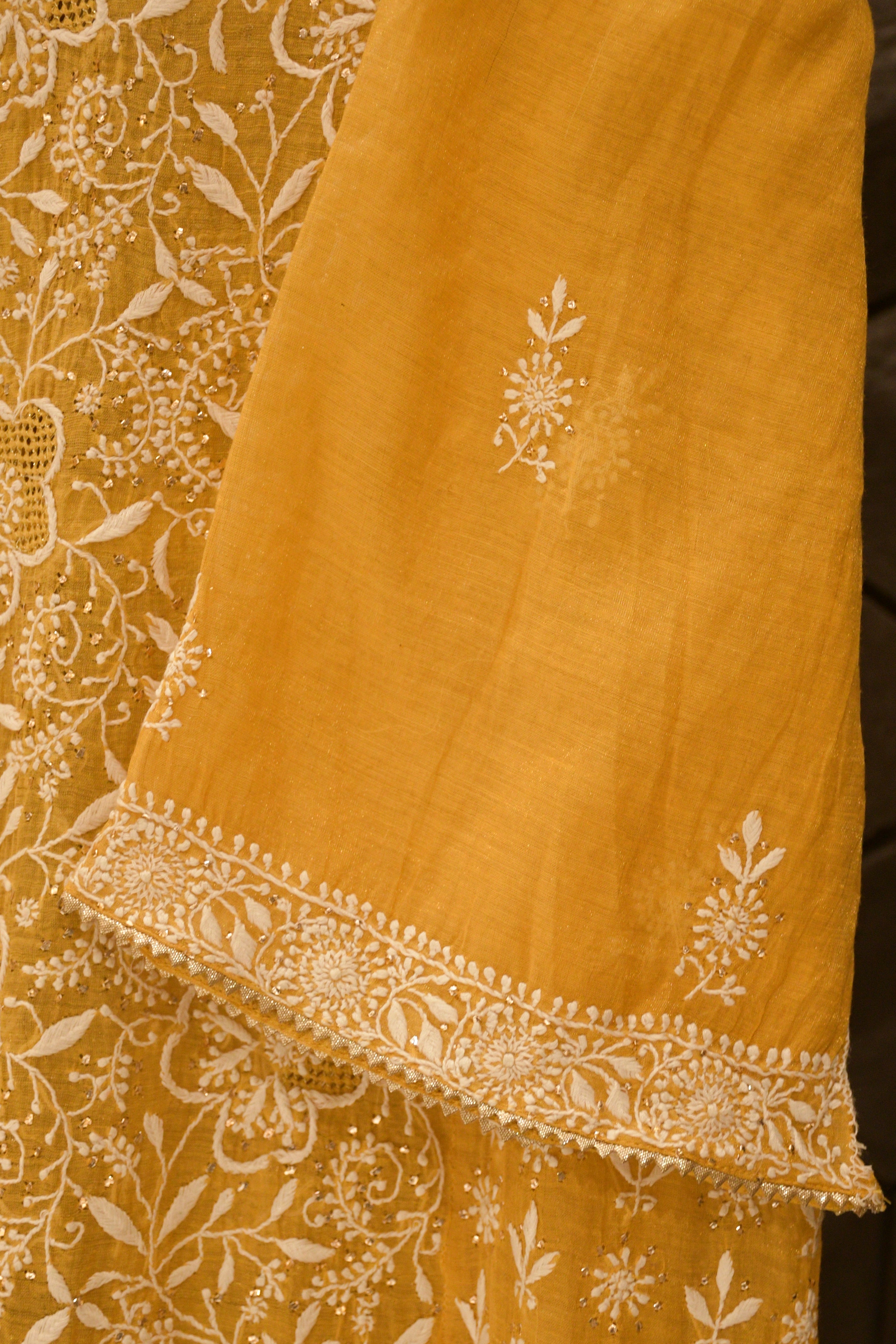 Mustard Yellow Tissue Chikankari Straight Kurta Set