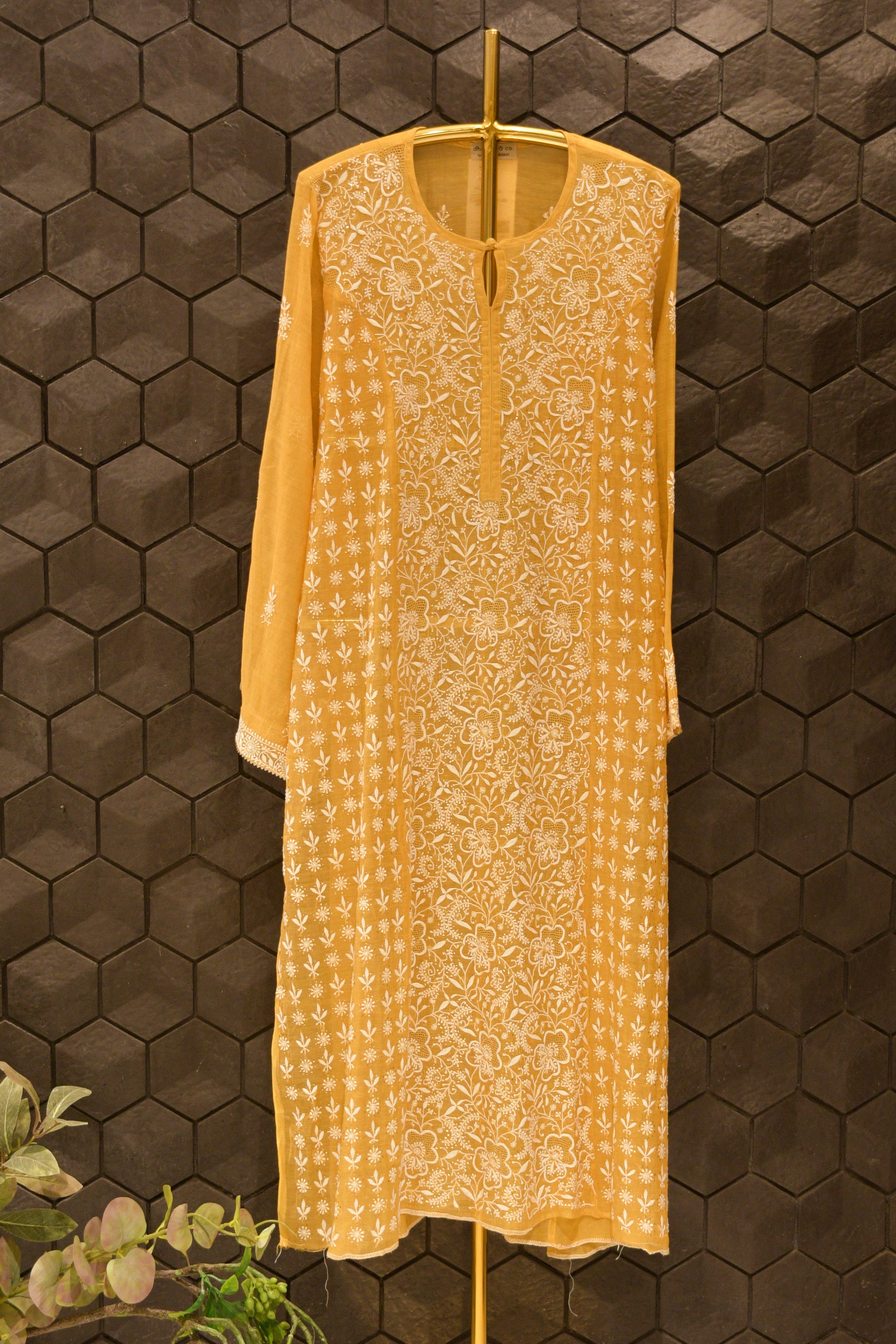 Mustard Yellow Tissue Chikankari Straight Kurta Set