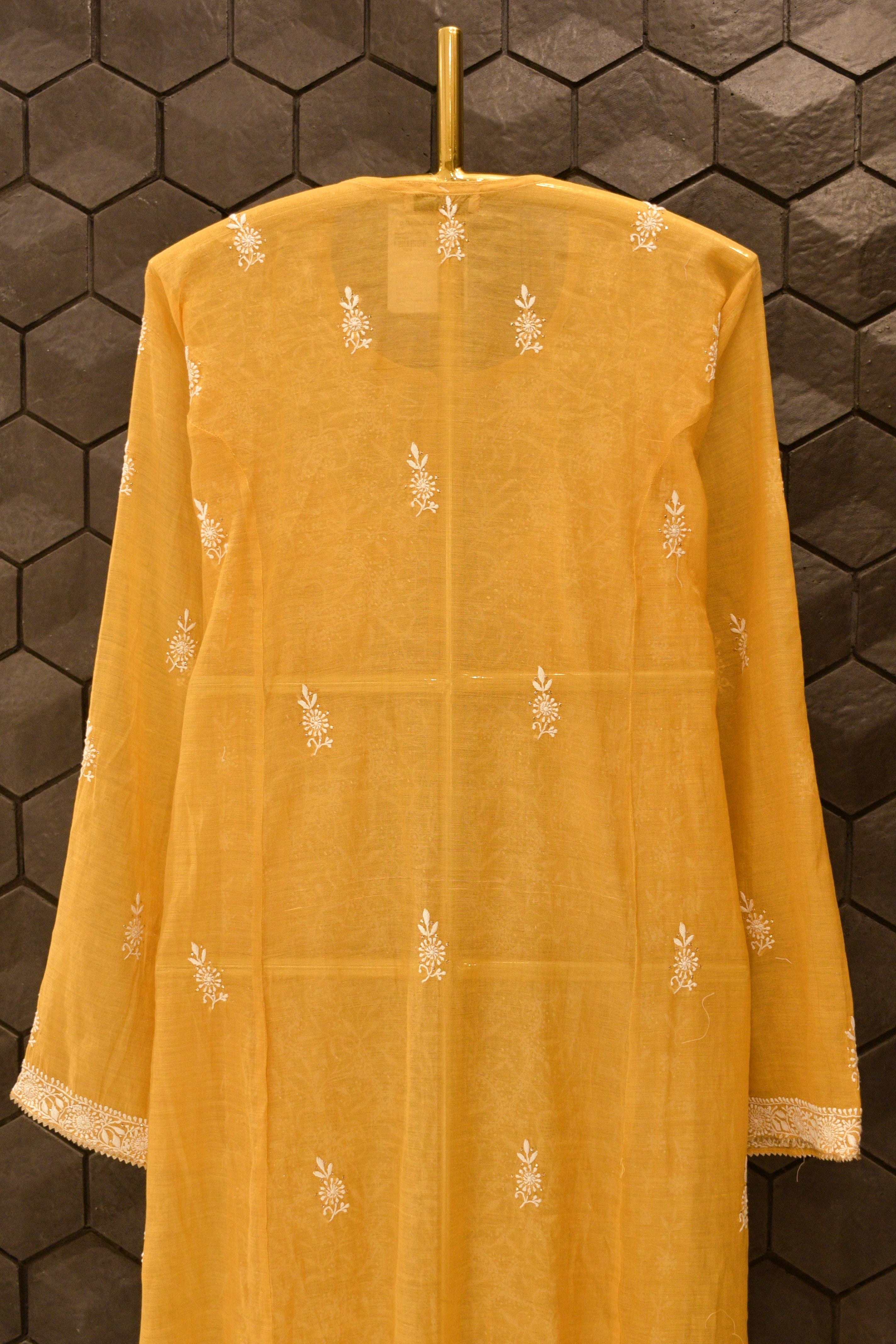 Mustard Yellow Tissue Chikankari Straight Kurta Set