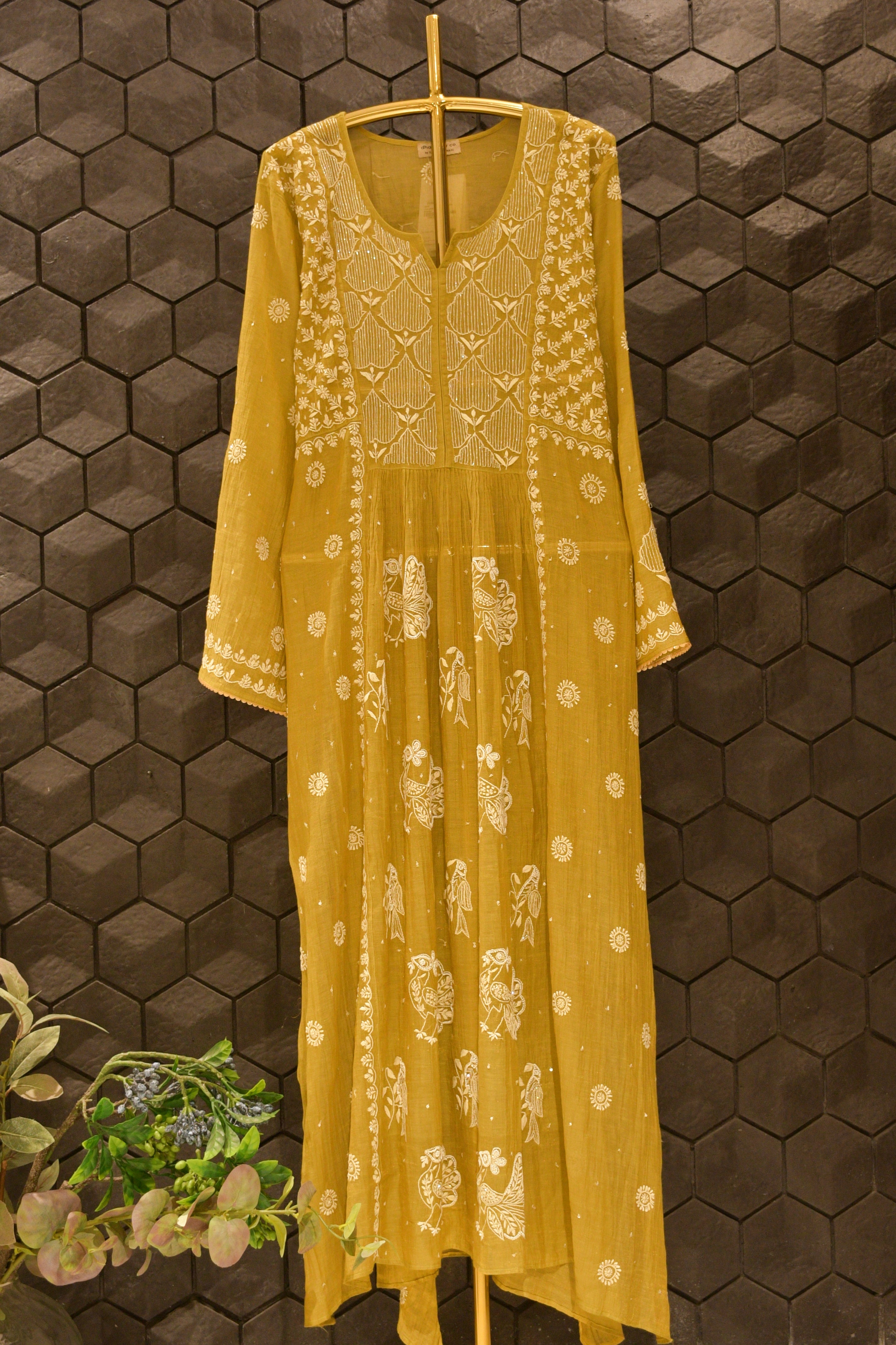 Lime Green Tissue Chikankari Kurta Set.