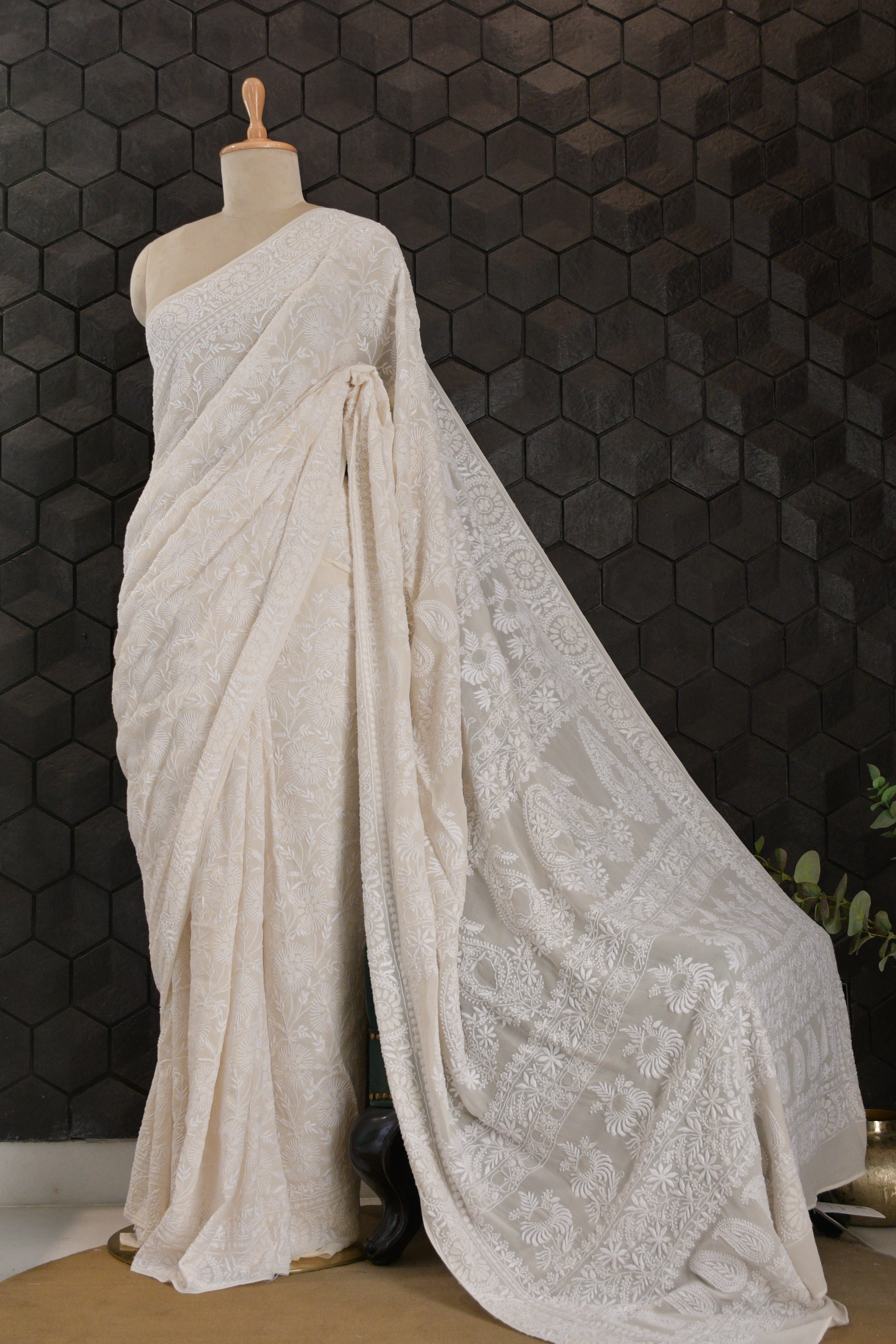 Premium White Georgette Chikankari Saree