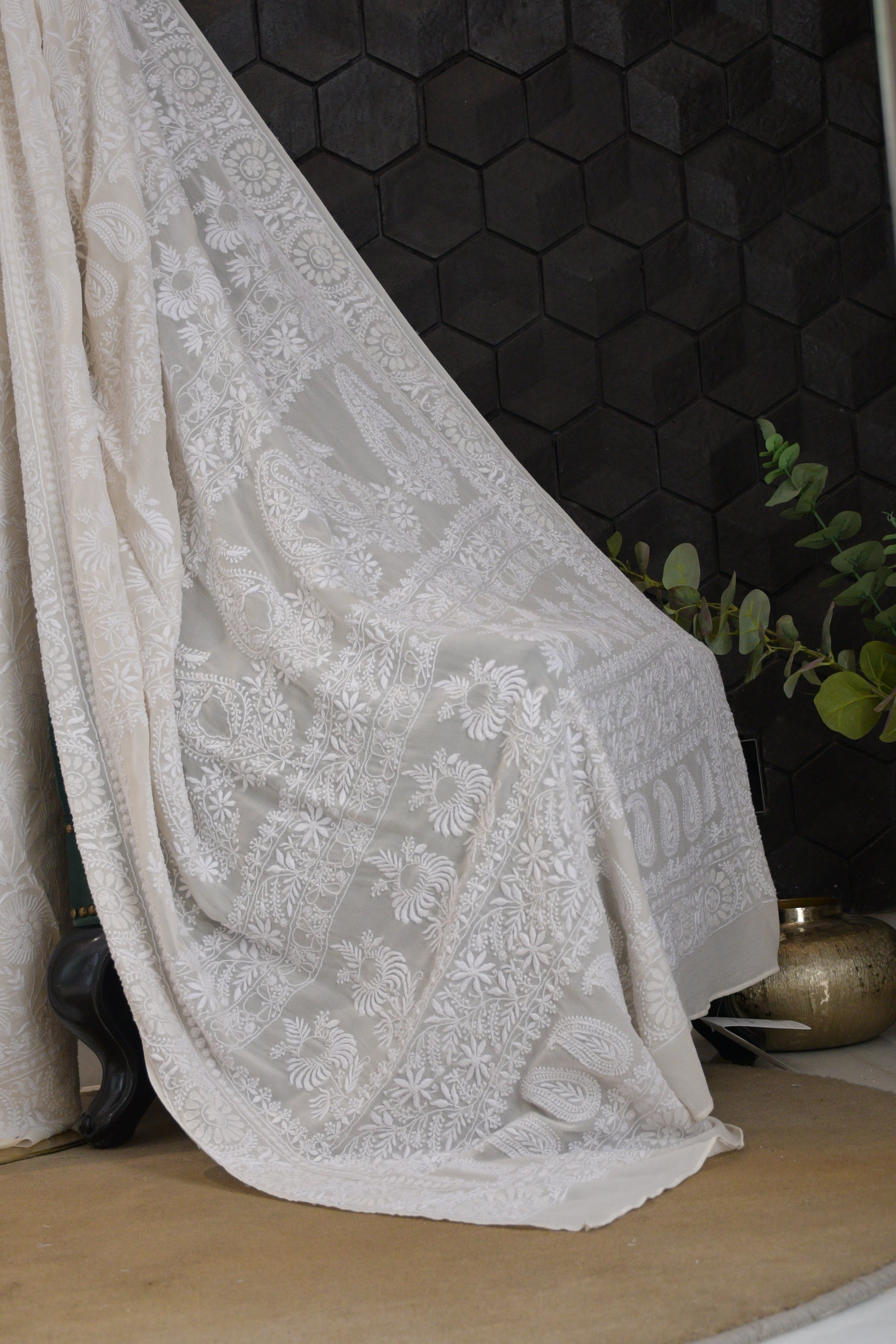 Premium White Georgette Chikankari Saree