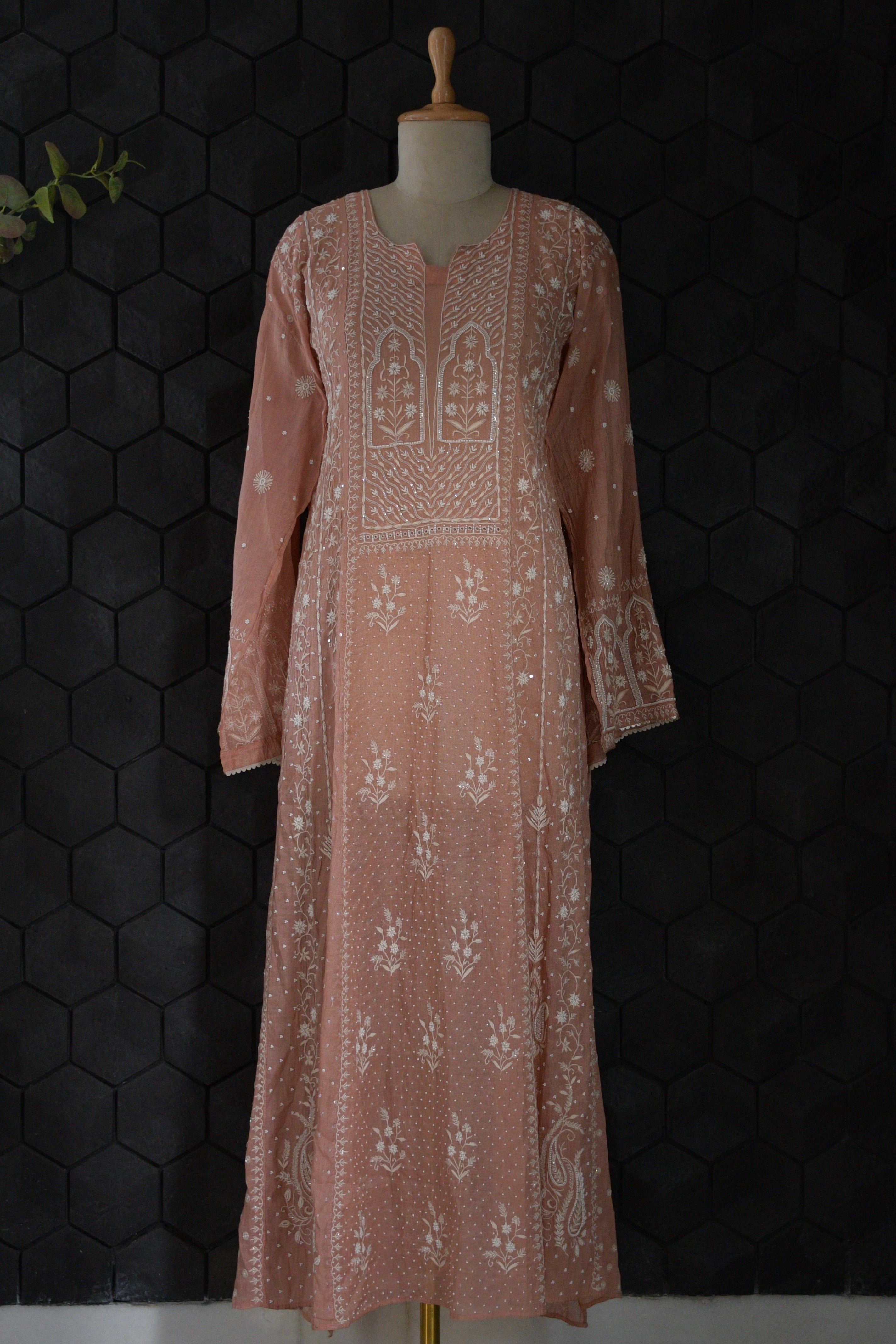 Peach Silver Tissue Anarkali Set