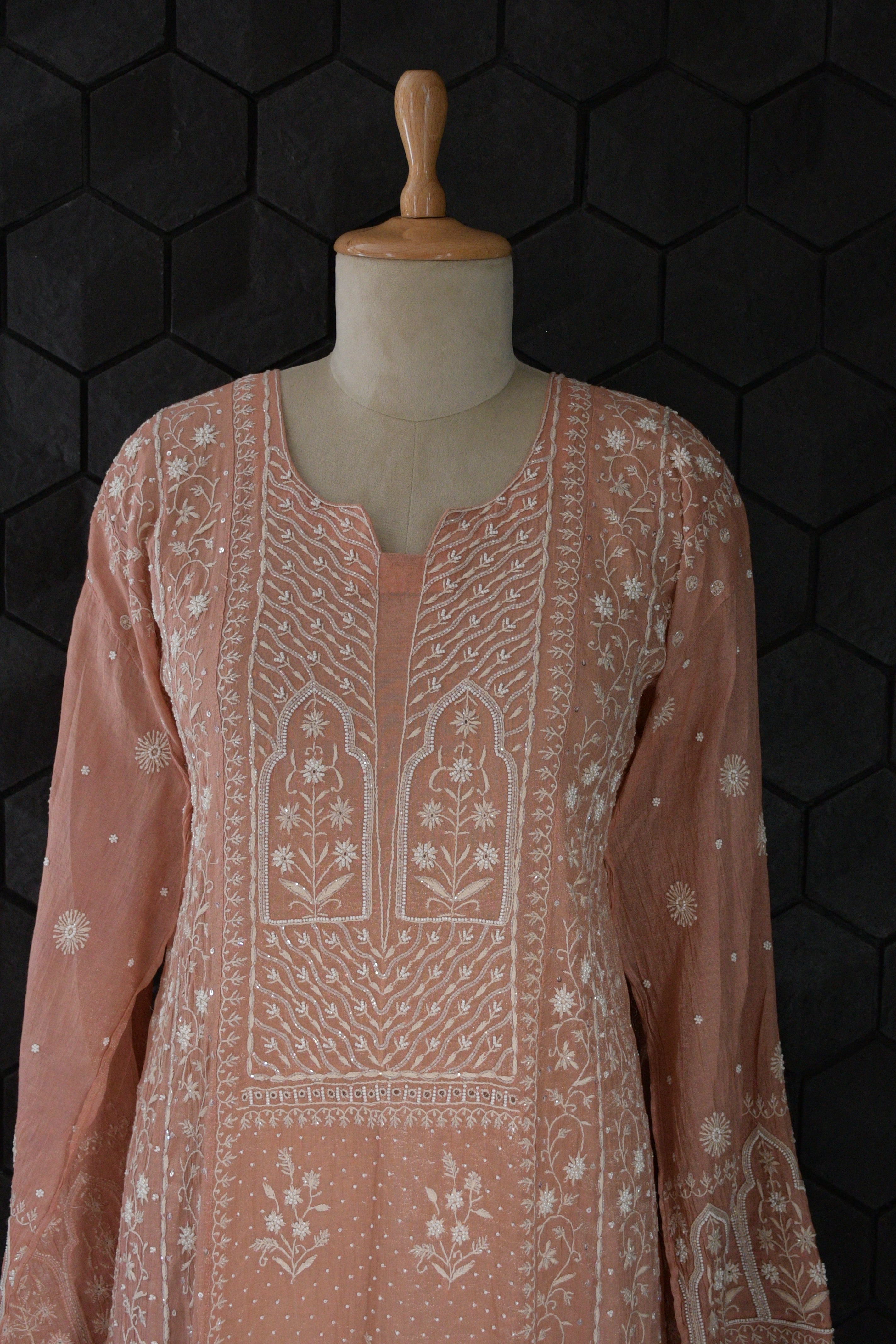 Peach Silver Tissue Anarkali Set