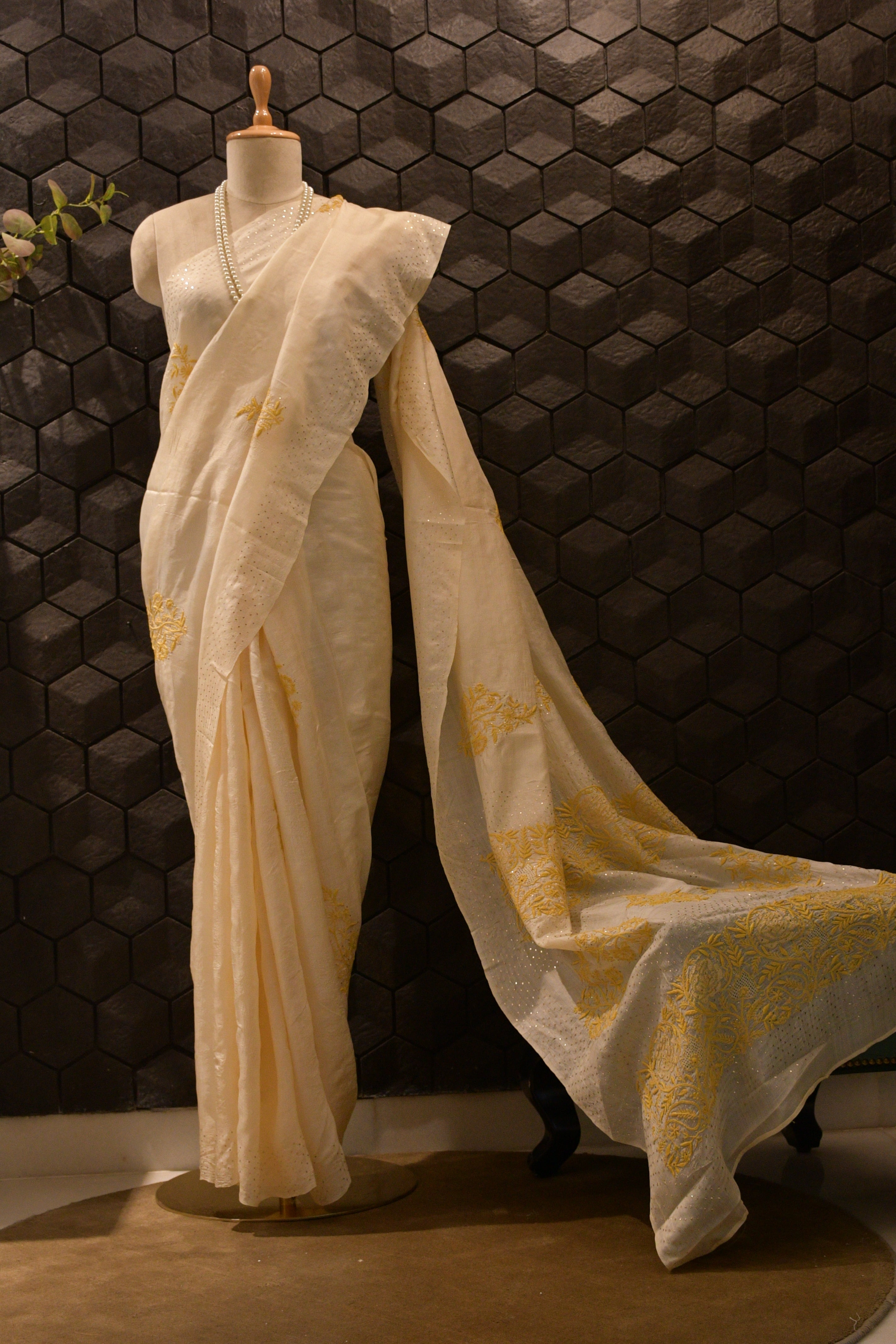 Tussar Silk Chikankari and Mukaish Saree