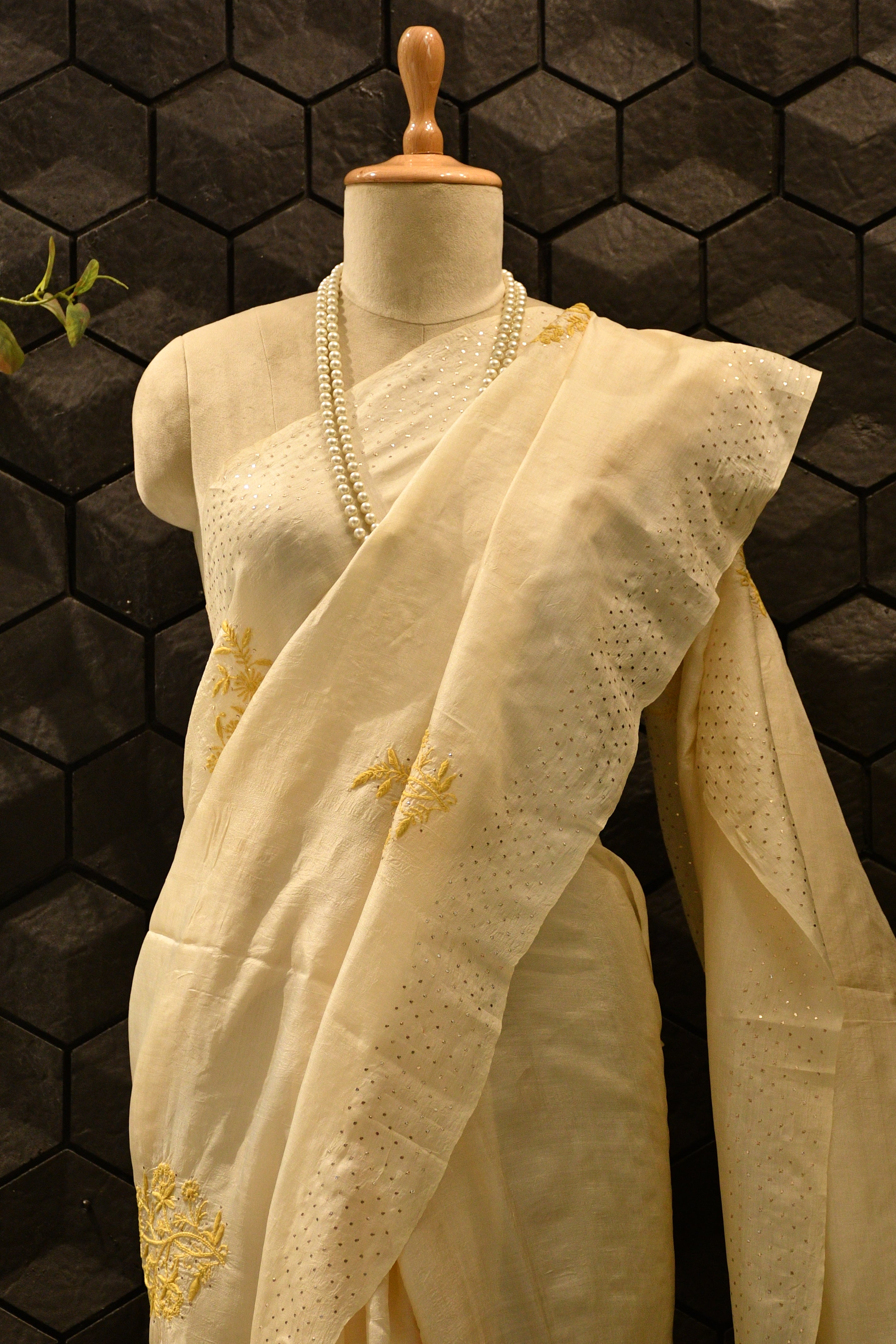 Tussar Silk Chikankari and Mukaish Saree