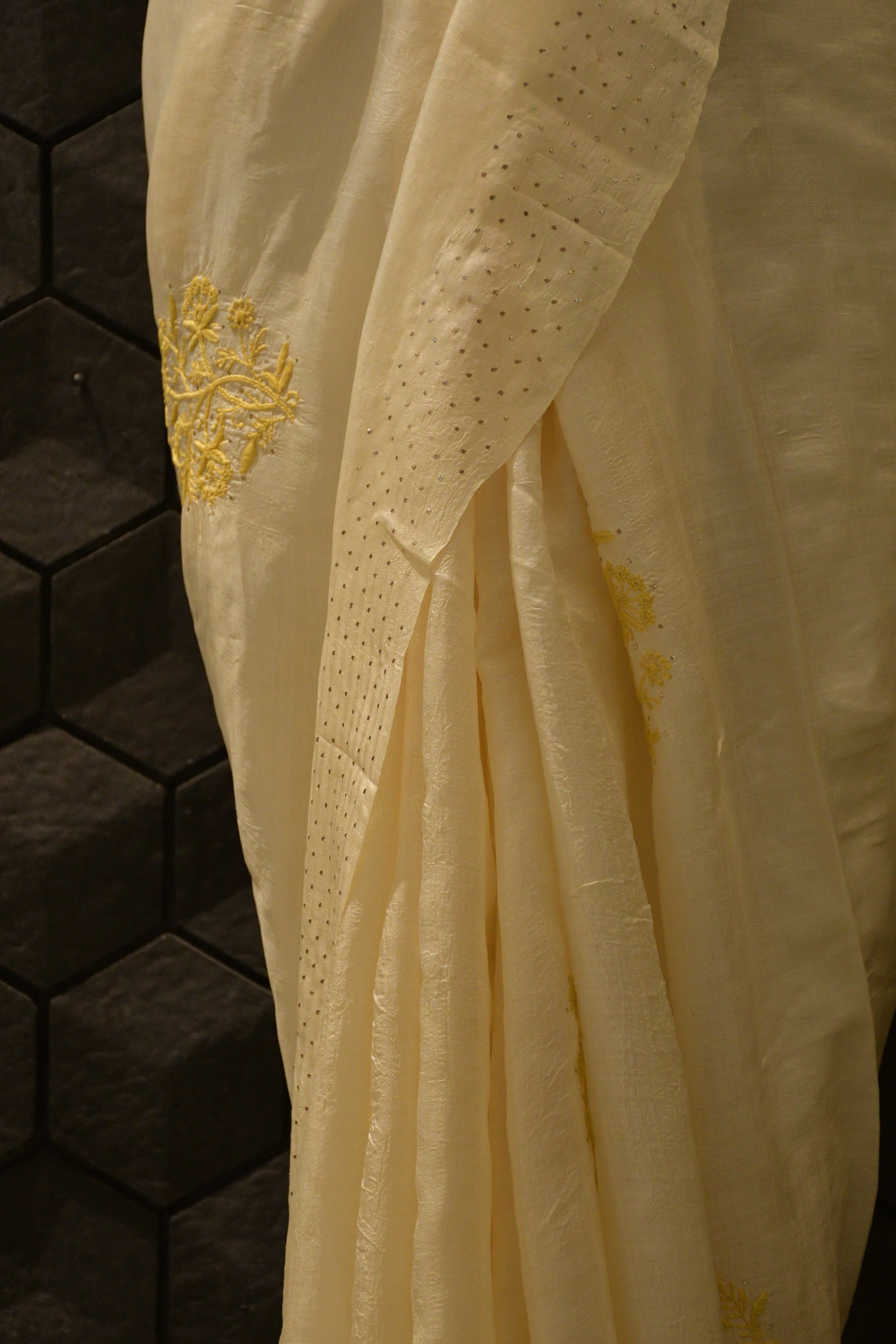 Tussar Silk Chikankari and Mukaish Saree