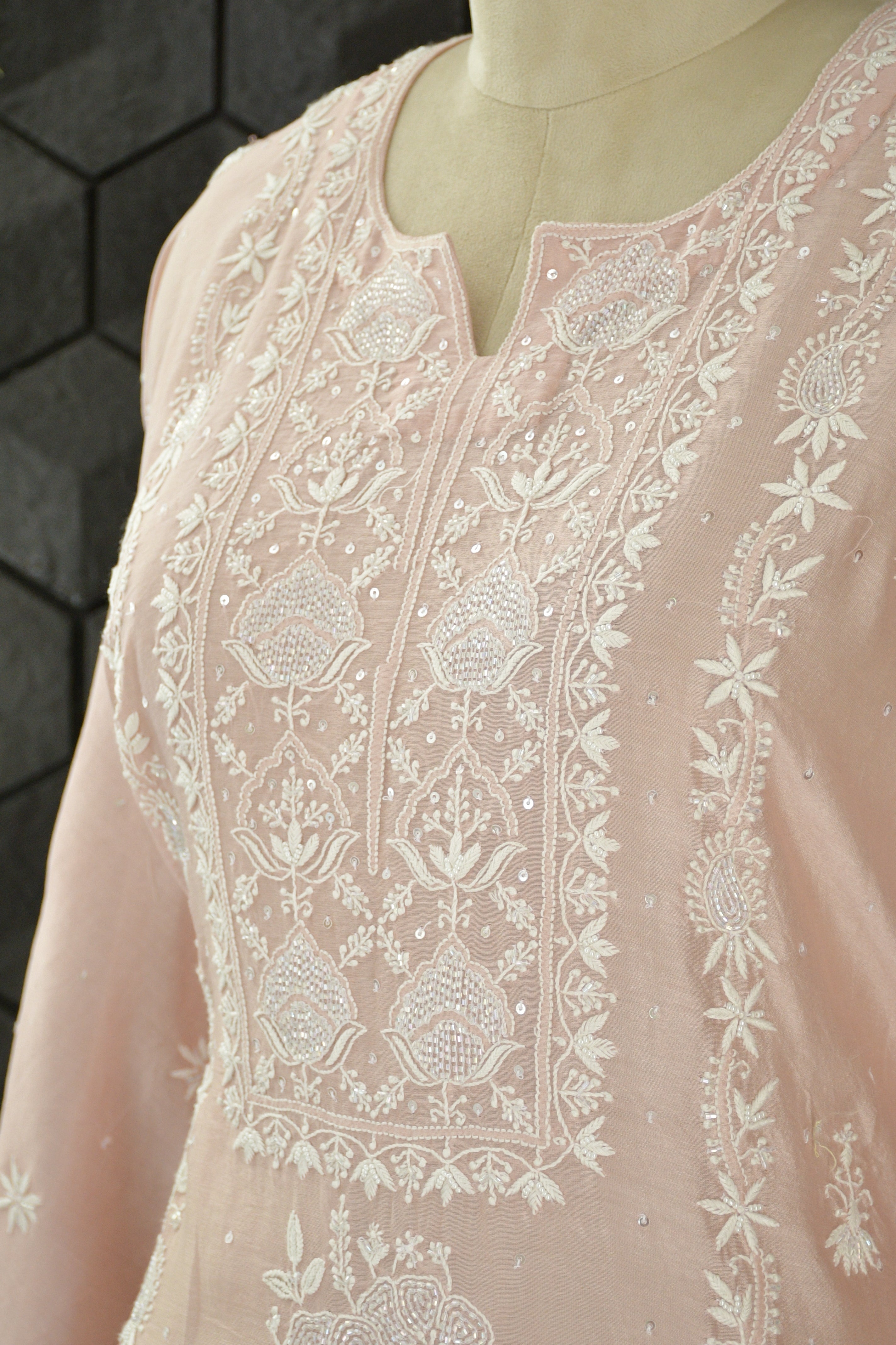 Pink mul chanderi chikankari suit set