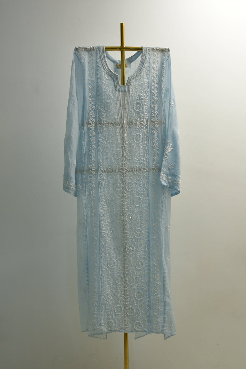 Sky Blue Mul Chanderi Lotus Design Suit Set