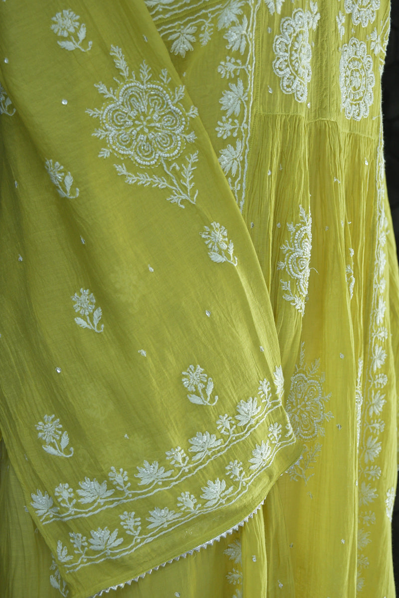 Lime Green Chanderi Bird Flower Kurta set