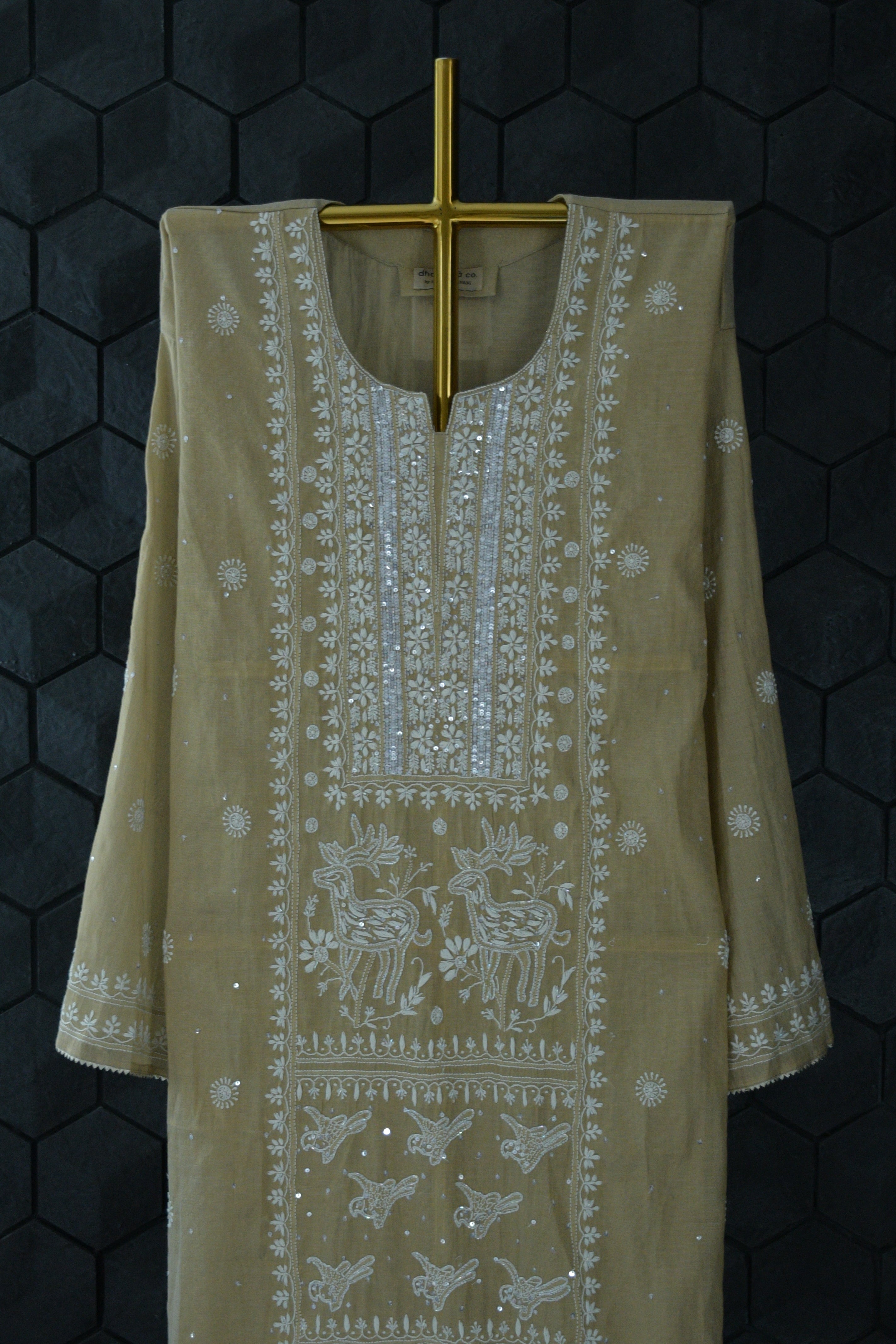 Gold Mul Chanderi Chikankari Kurta Set