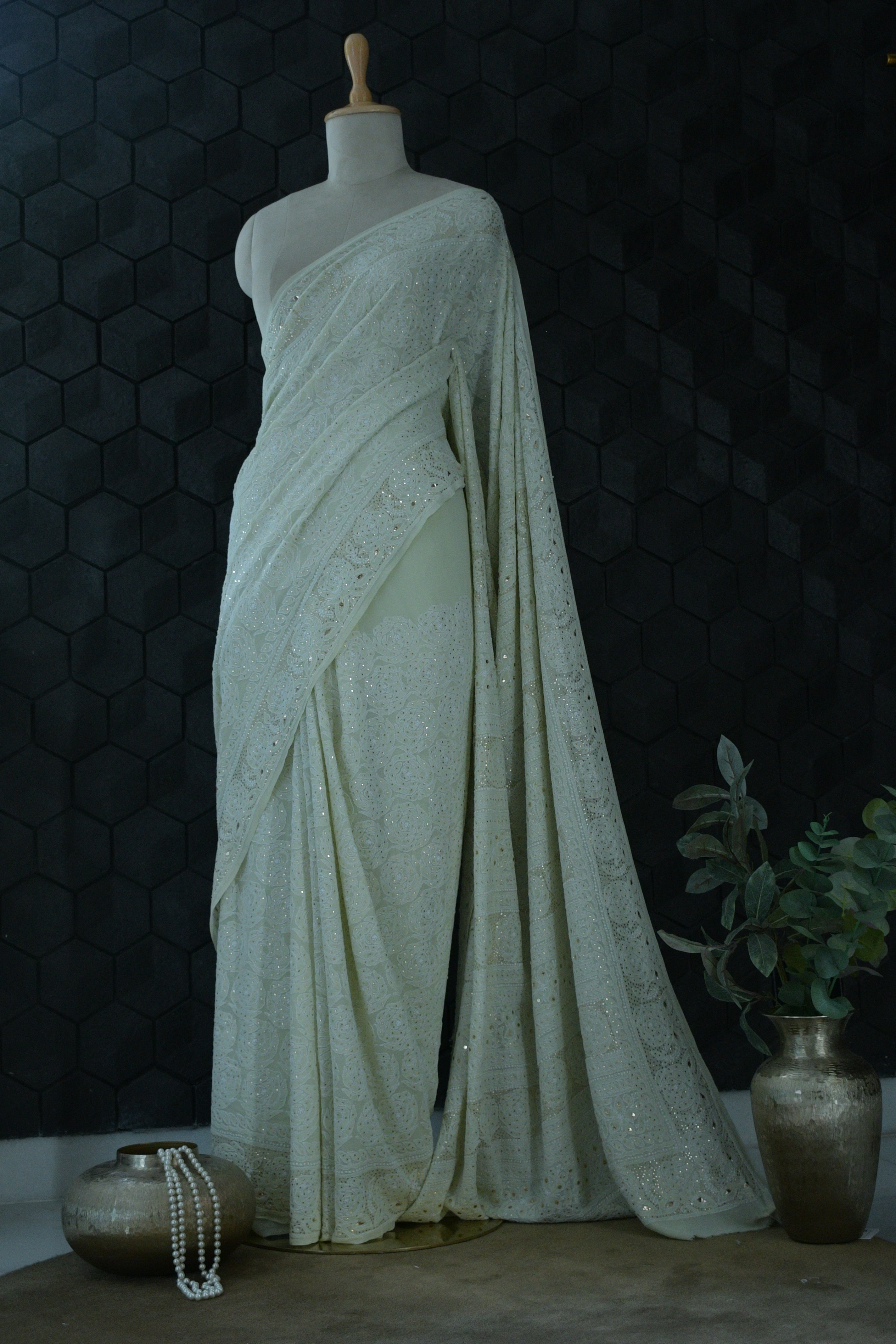 Sea Green Rose Jaal Georgette Saree