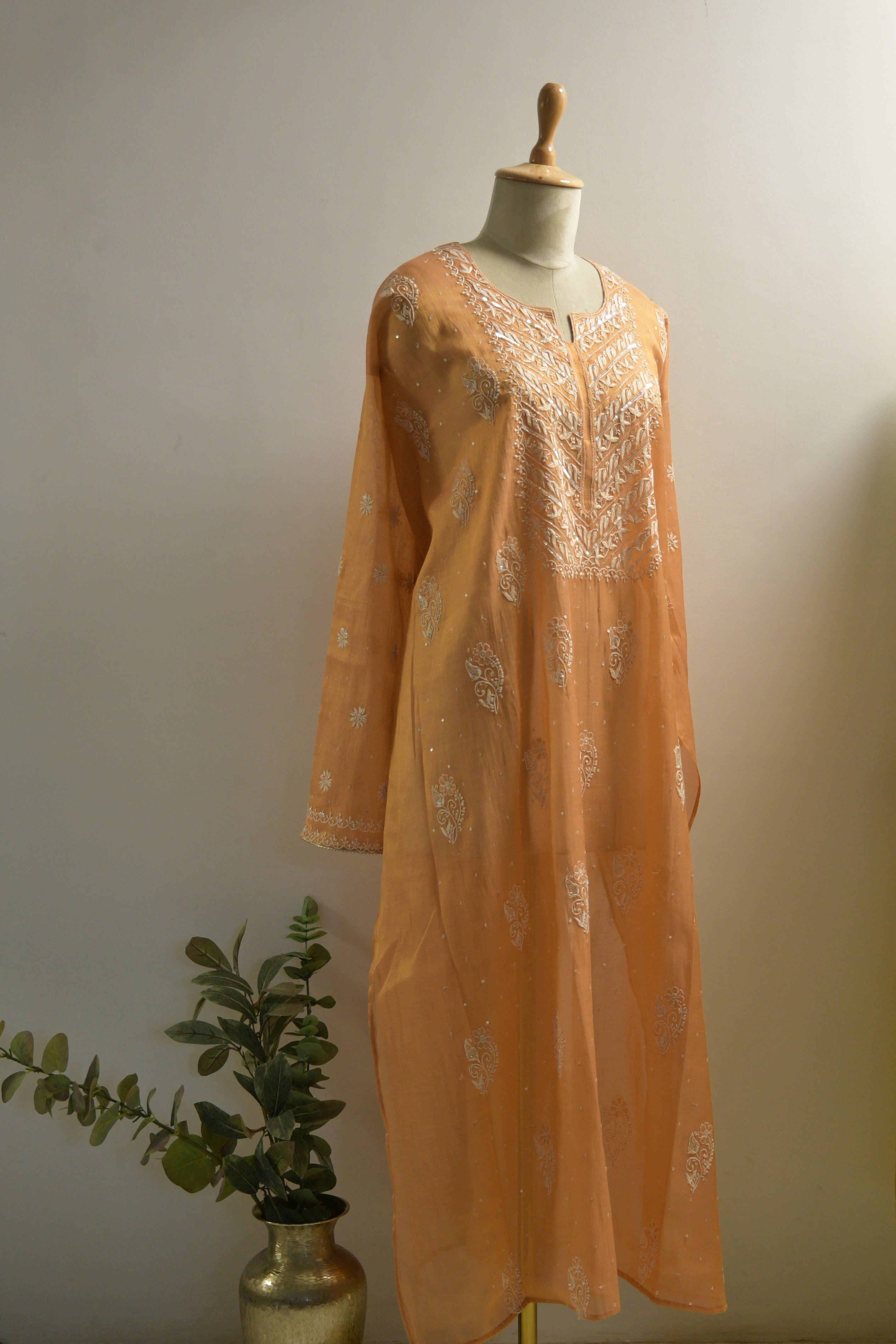 Peach Golden Tissue Chikankari Kurta Set