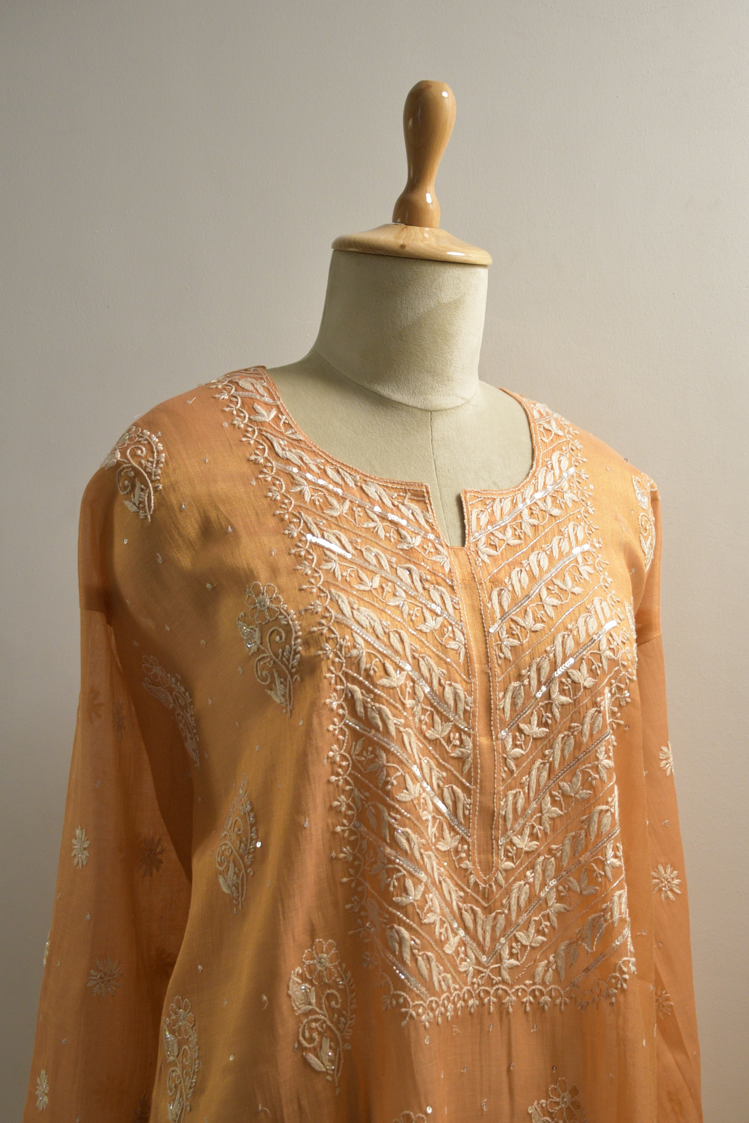 Peach Golden Tissue Chikankari Kurta Set