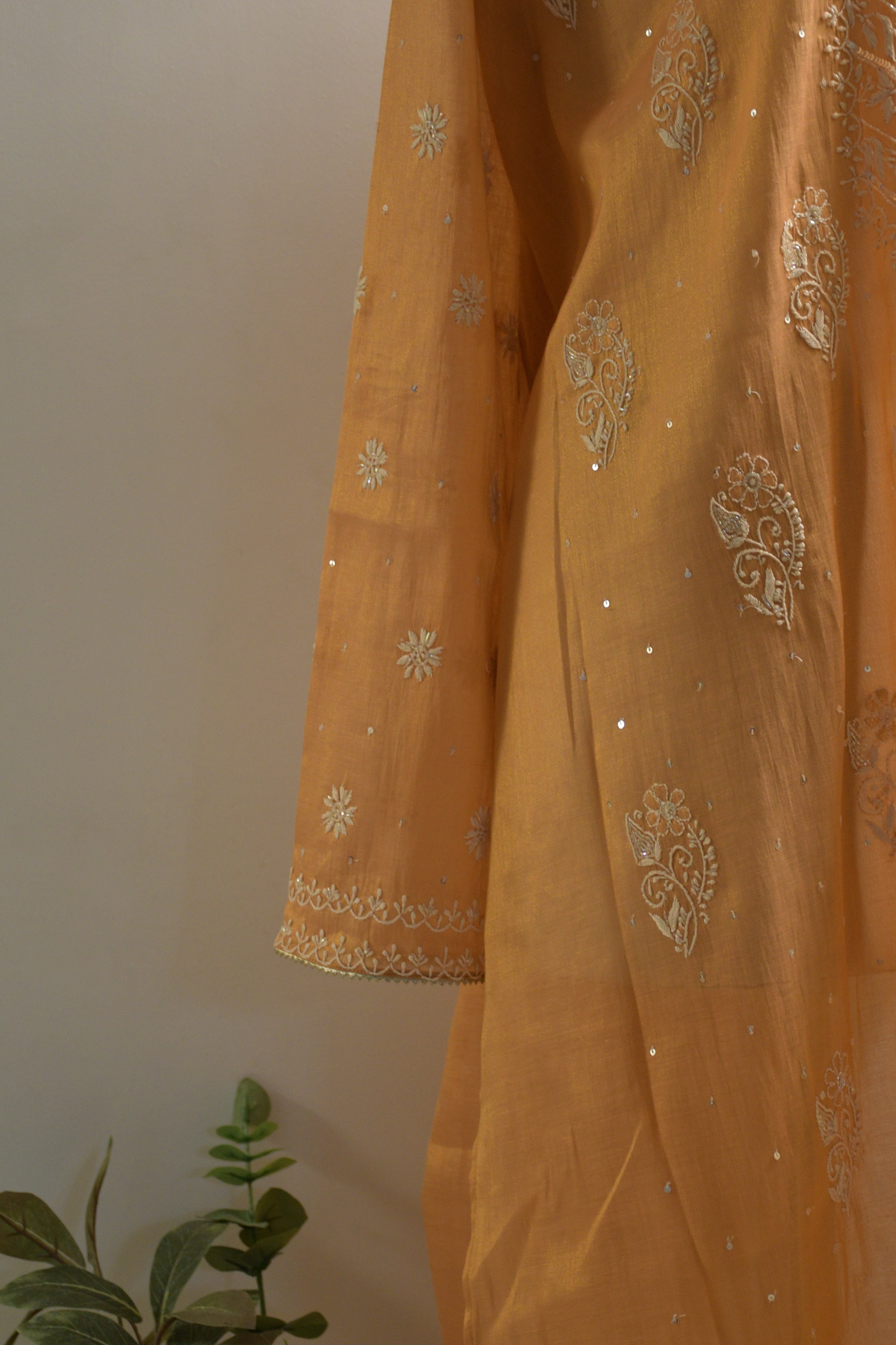 Peach Golden Tissue Chikankari Kurta Set