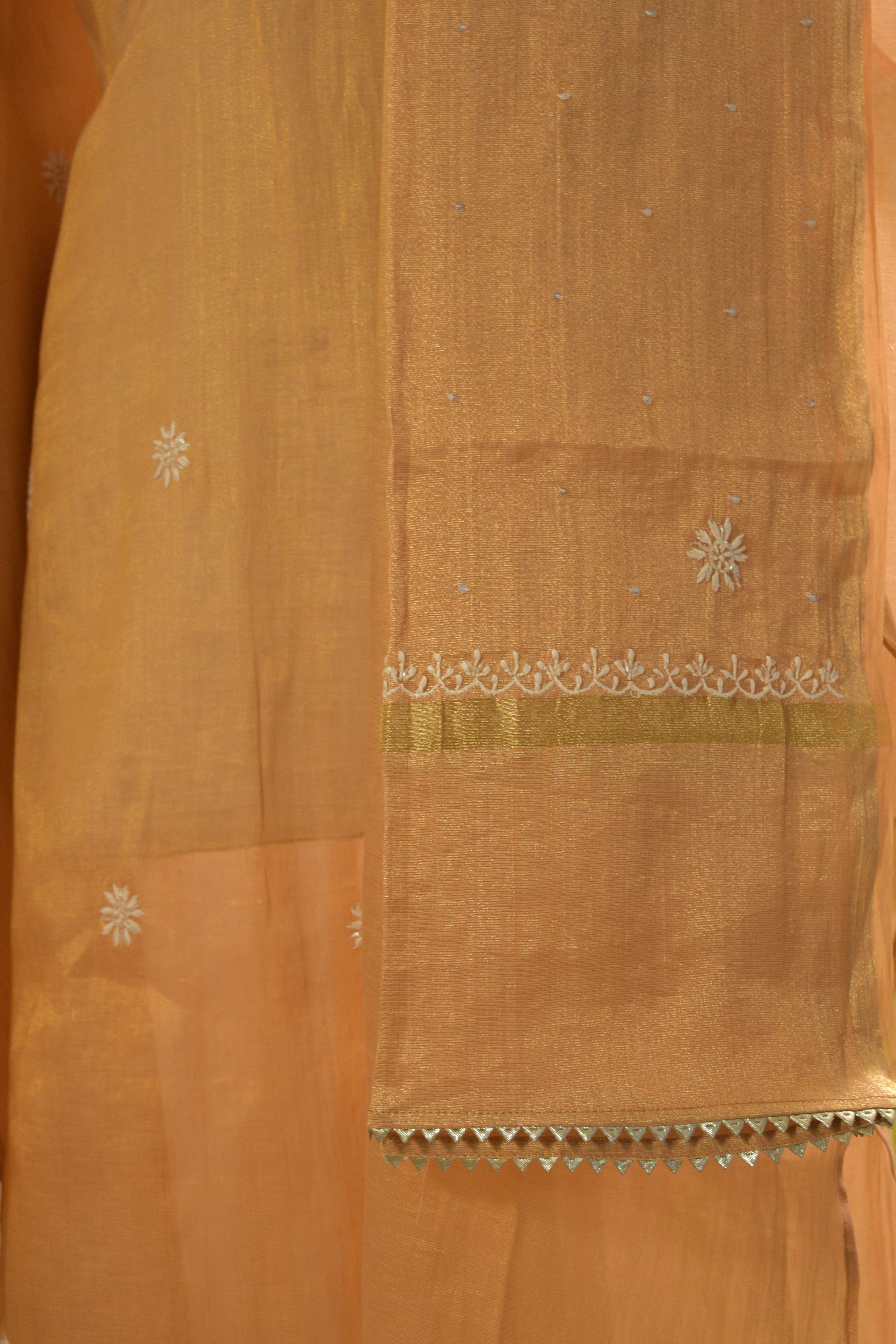 Peach Golden Tissue Chikankari Kurta Set