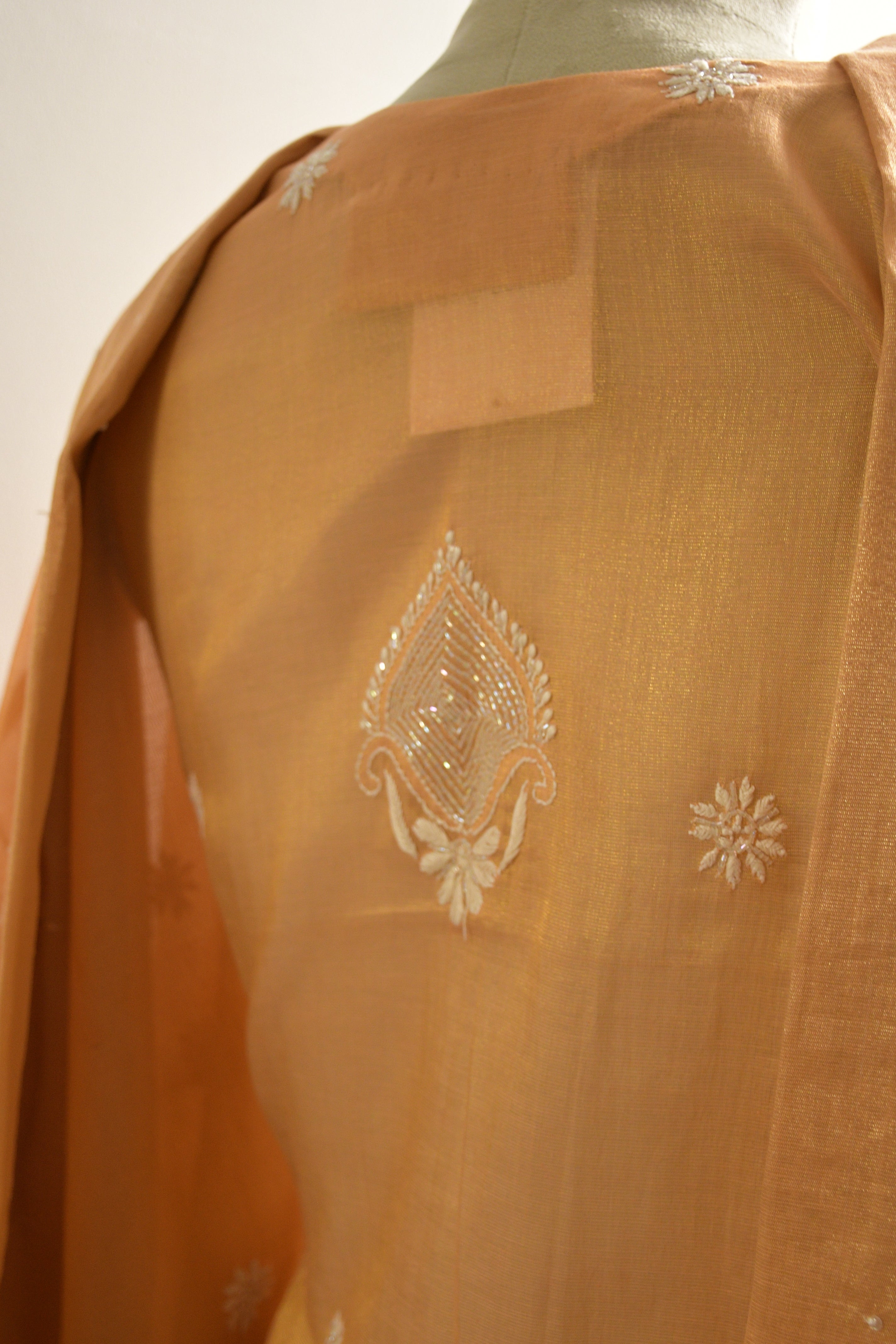 Peach Golden Tissue Chikankari Kurta Set