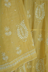 Yellow Silver Tissue Chikankari Kurta Set