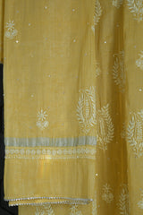 Yellow Silver Tissue Chikankari Kurta Set