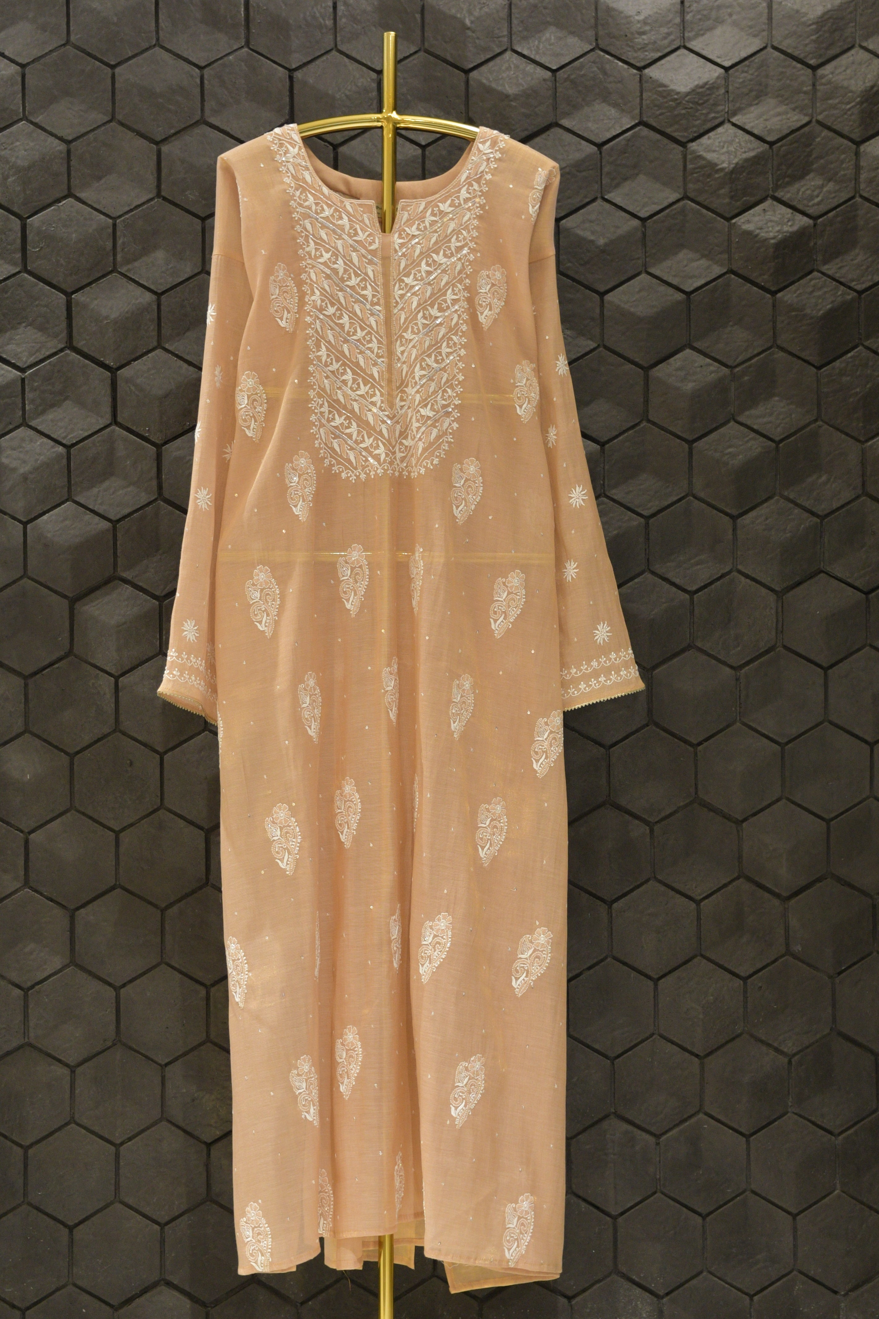 Pink Golden Tissue Chikankari Kurta Set