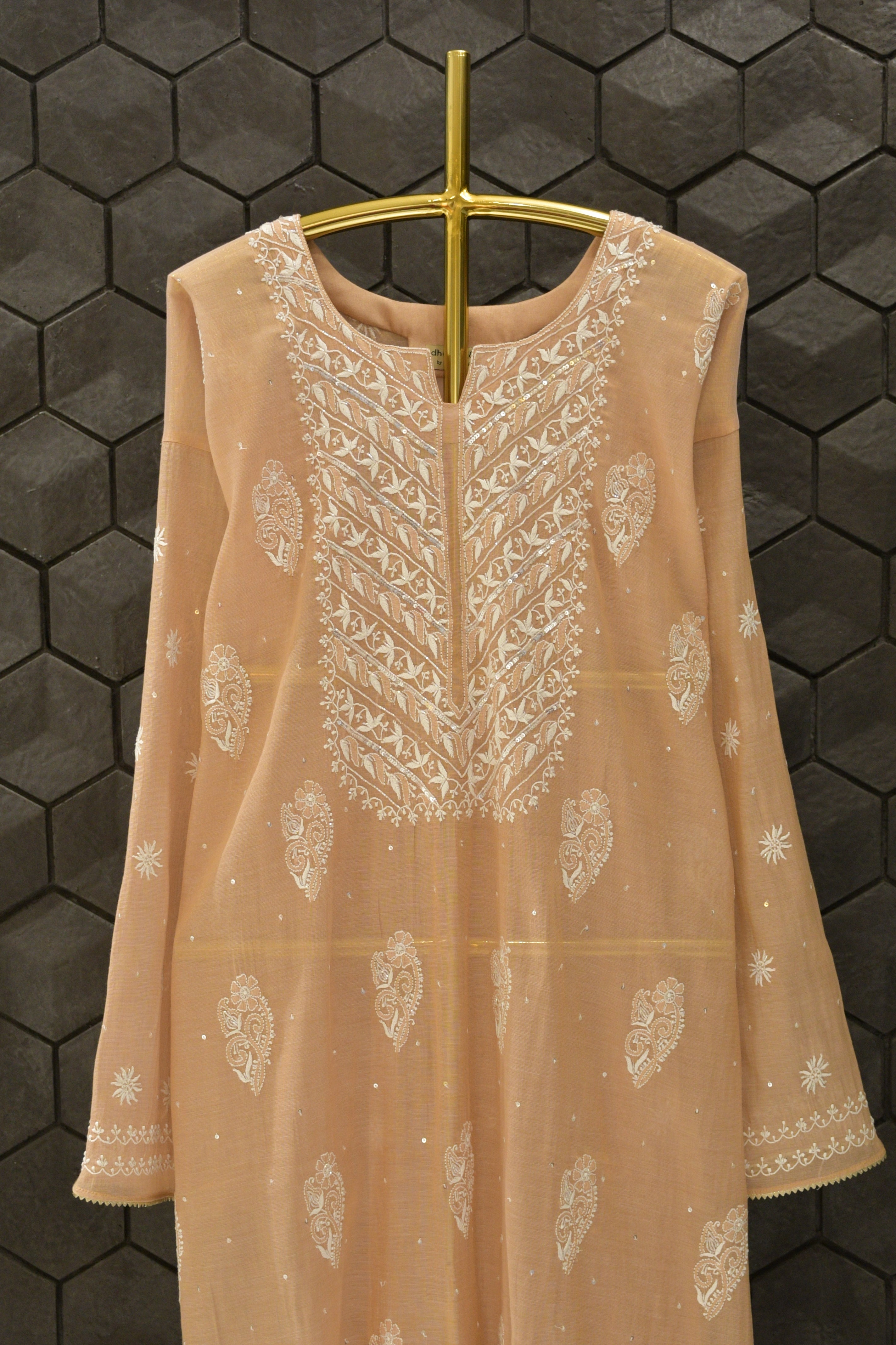 Pink Golden Tissue Chikankari Kurta Set