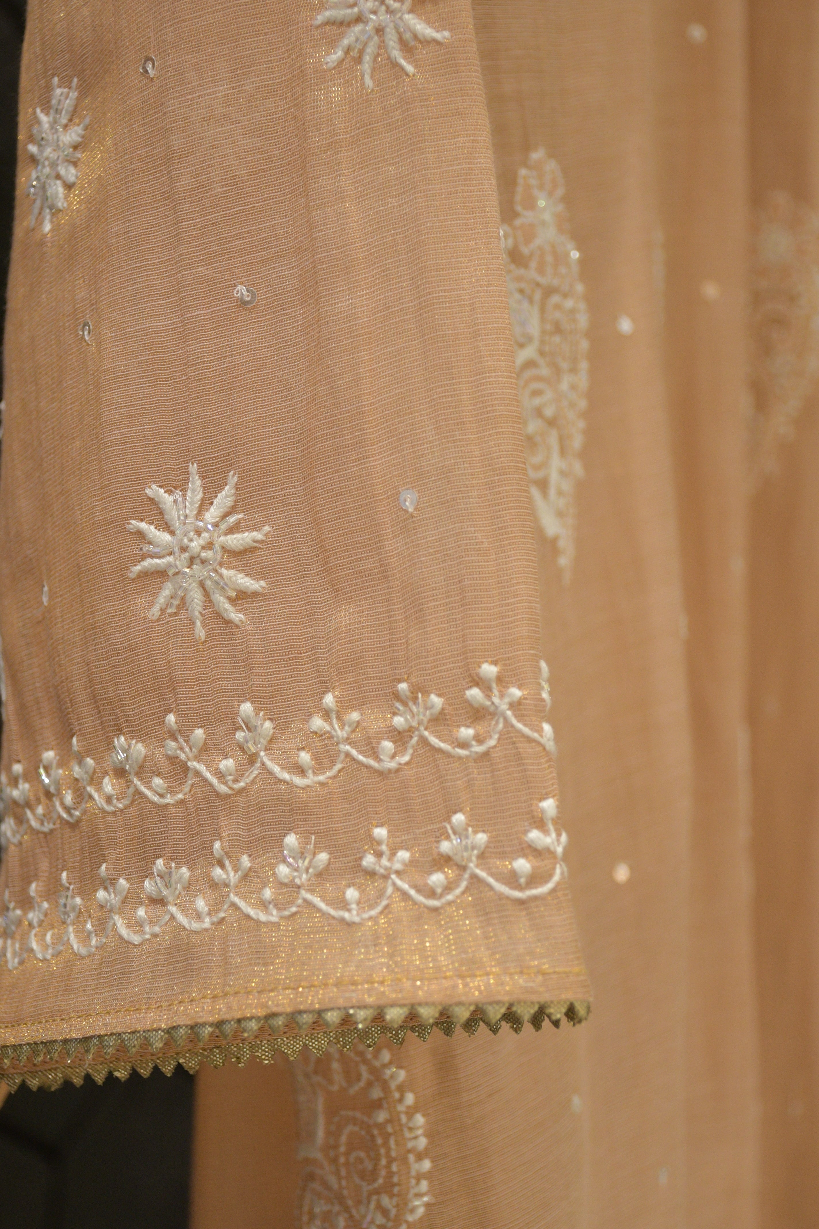 Pink Golden Tissue Chikankari Kurta Set