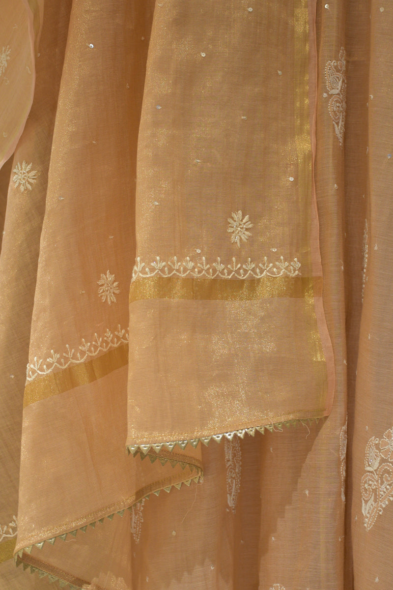 Pink Golden Tissue Chikankari Kurta Set