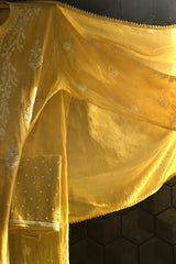 Yellow Tissue Kurta Set with Pearl Work