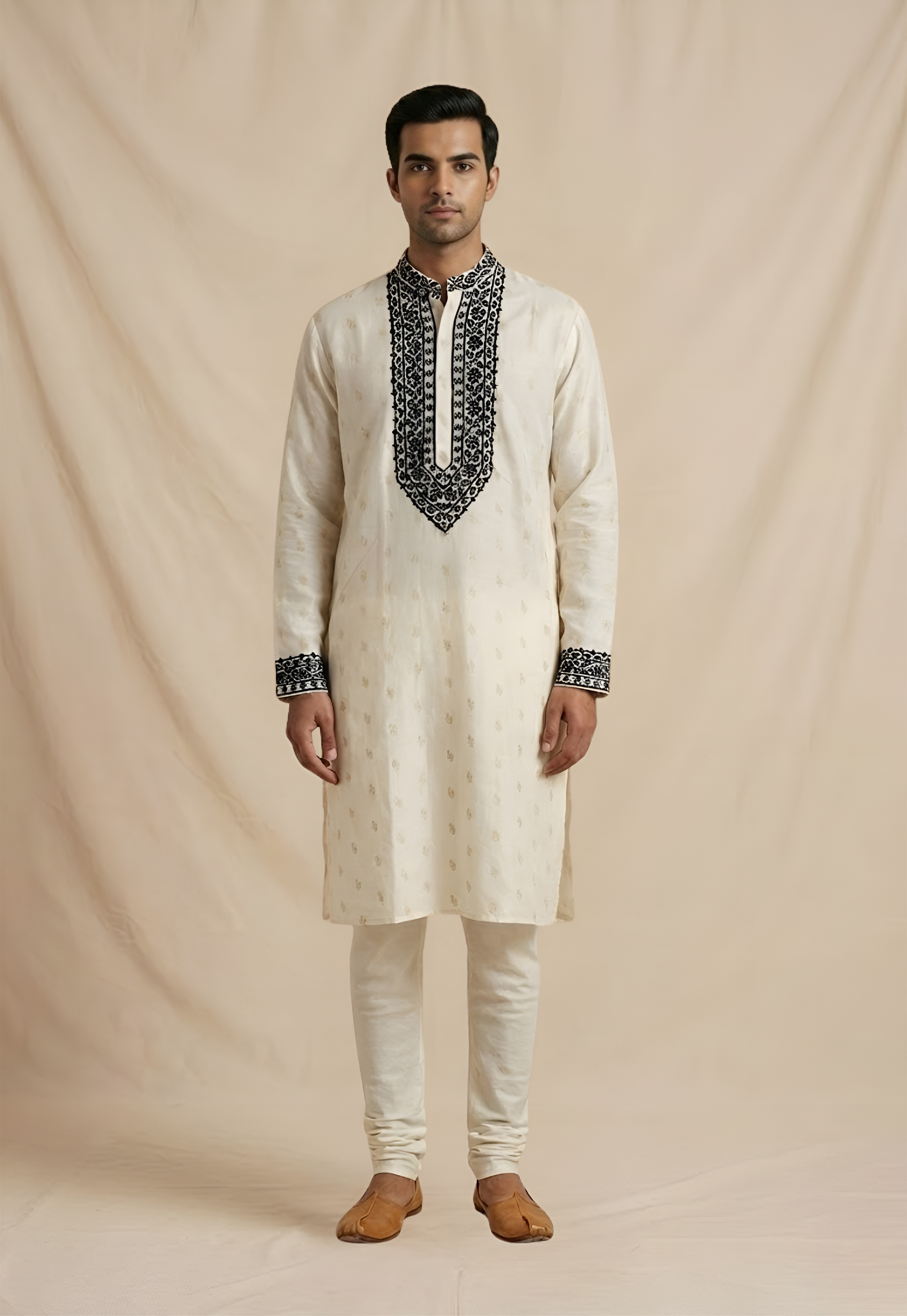 White chanderi chikankari men kurta