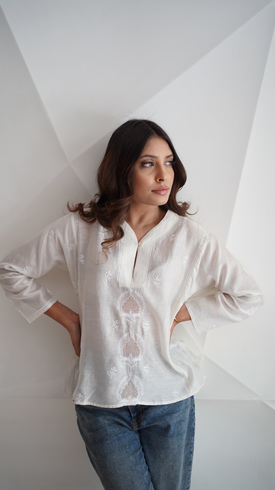 White Chanderi Awadhi jaali shirt