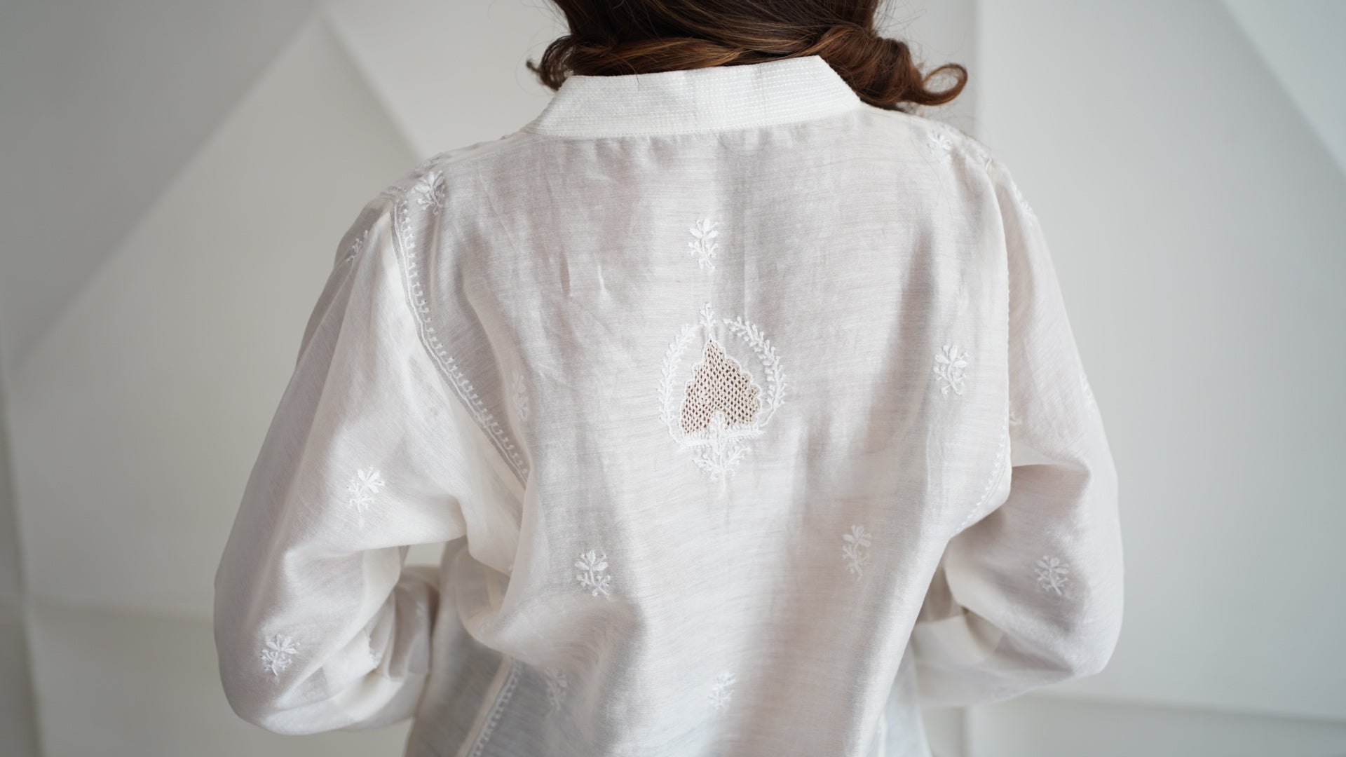 White Chanderi Awadhi jaali shirt