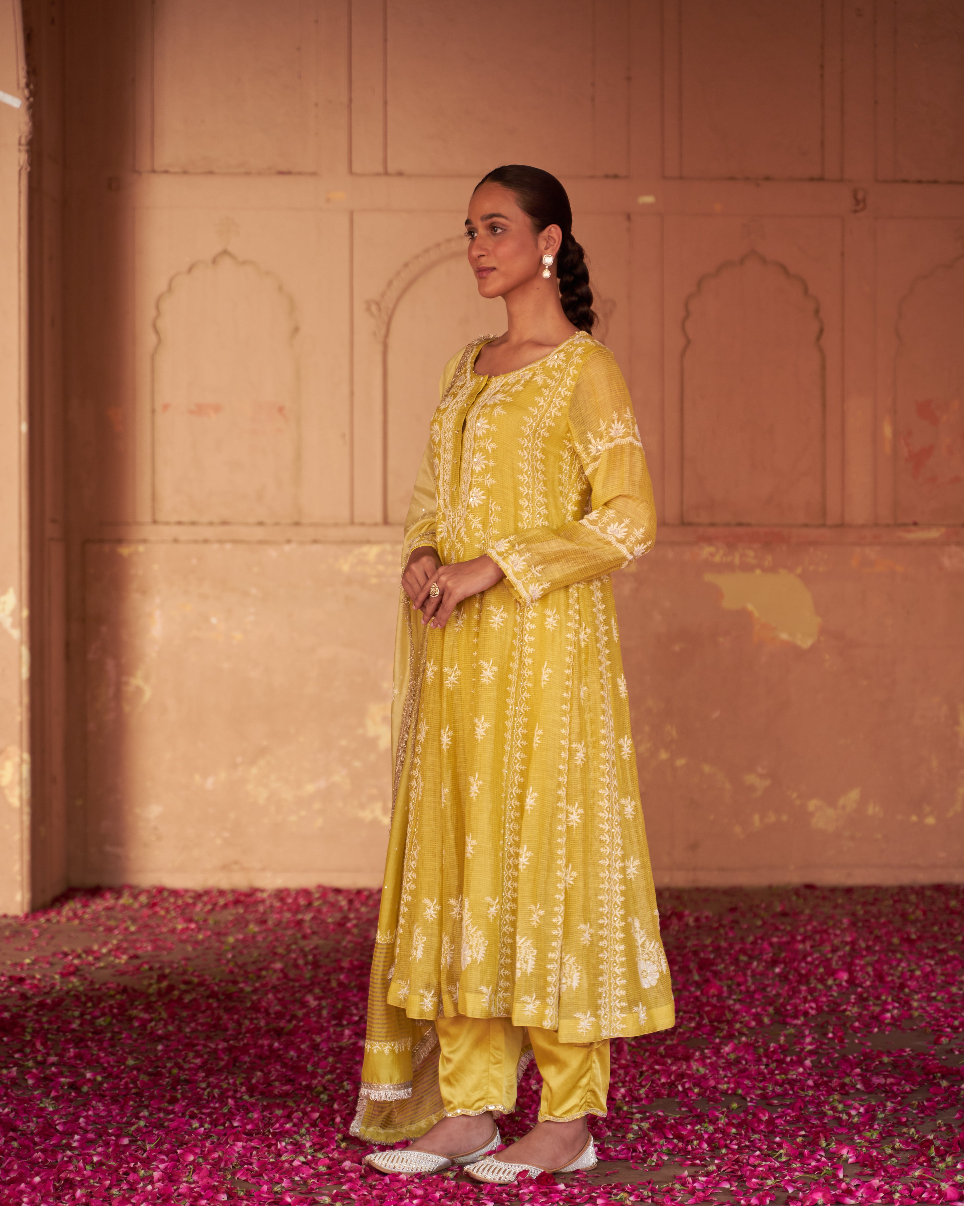 Lime Green Tissue Chikankari Anarkali Set