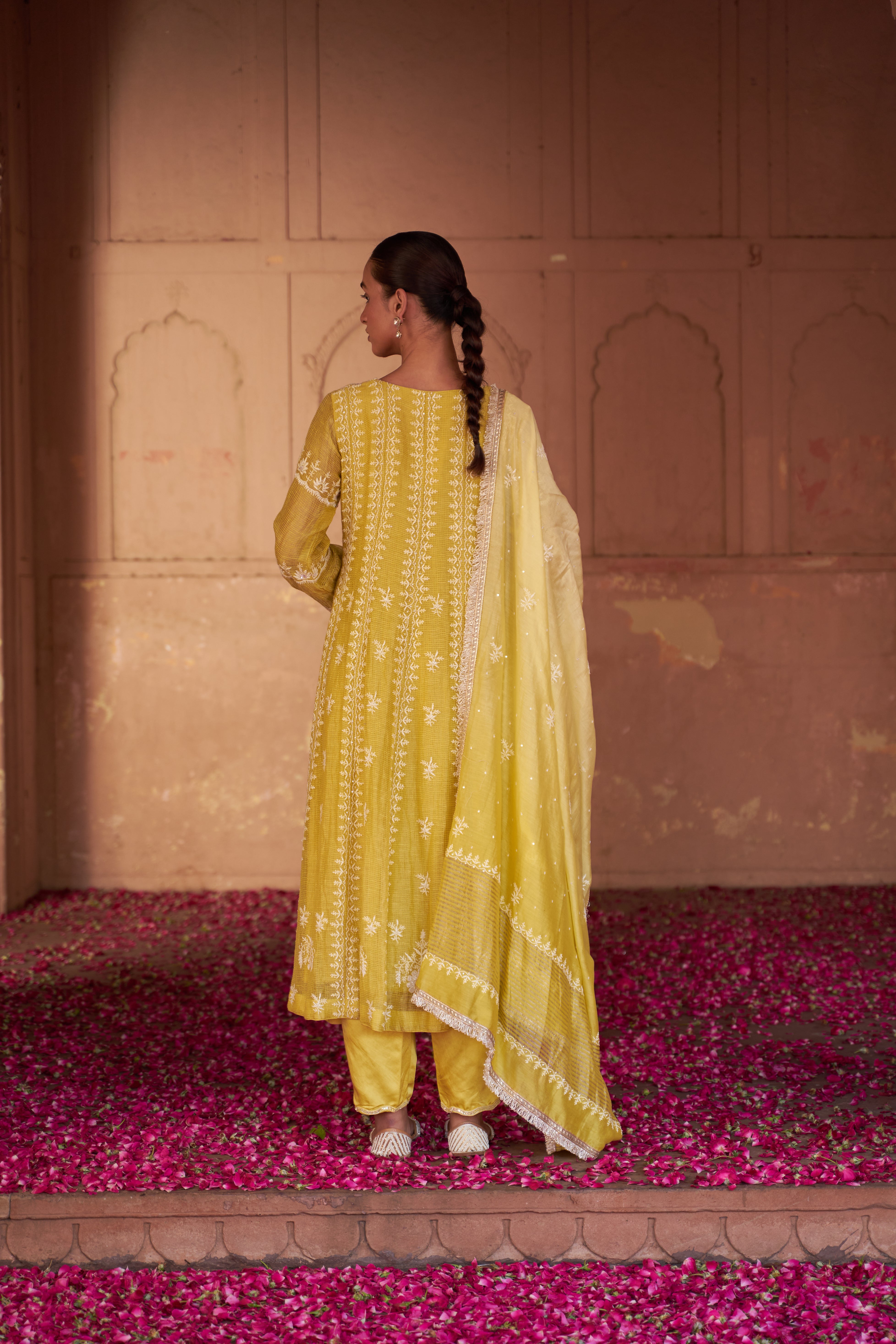 Lime Green Tissue Chikankari Anarkali Set