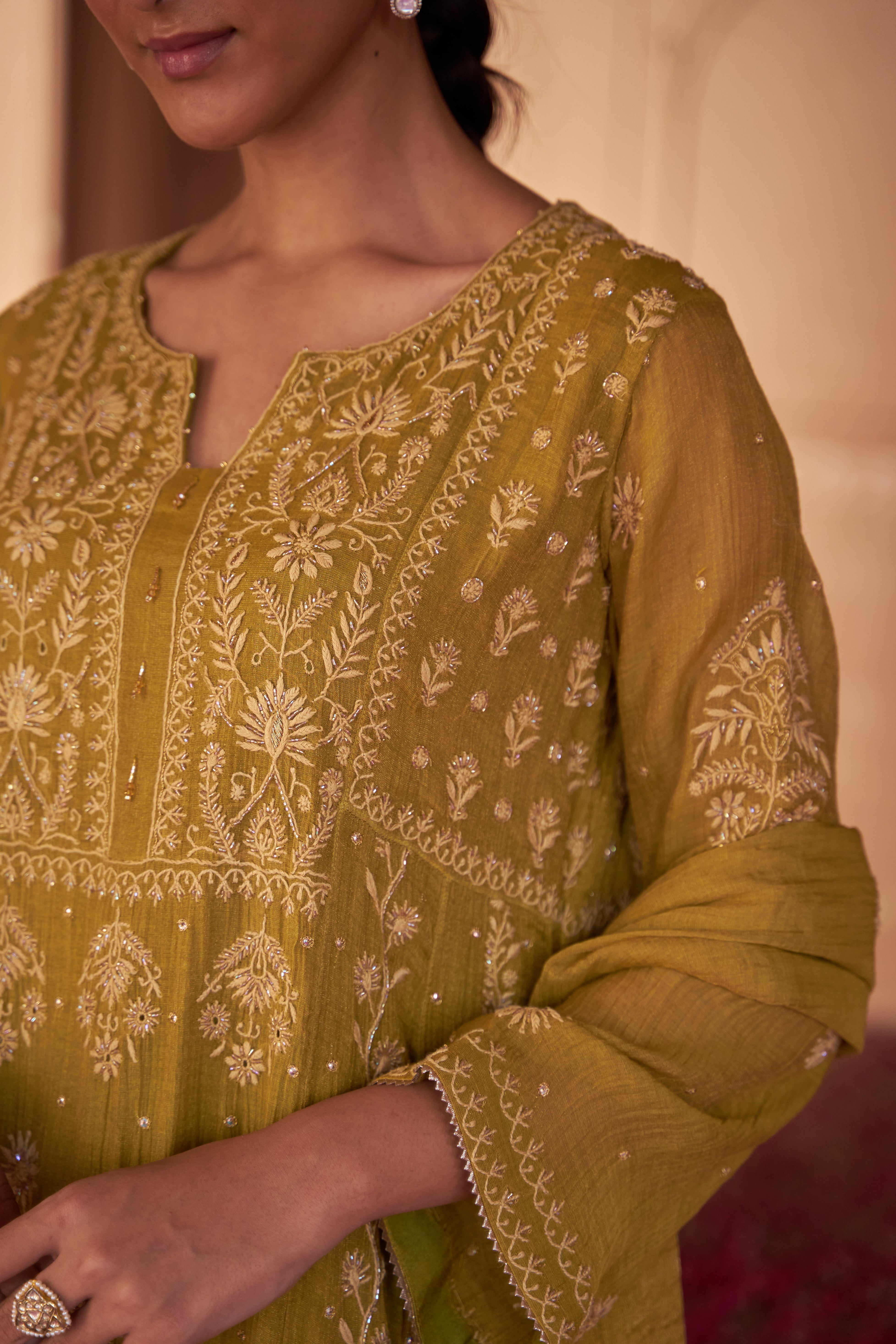 Mehendi Green Tissue Chikankari Kurta Set