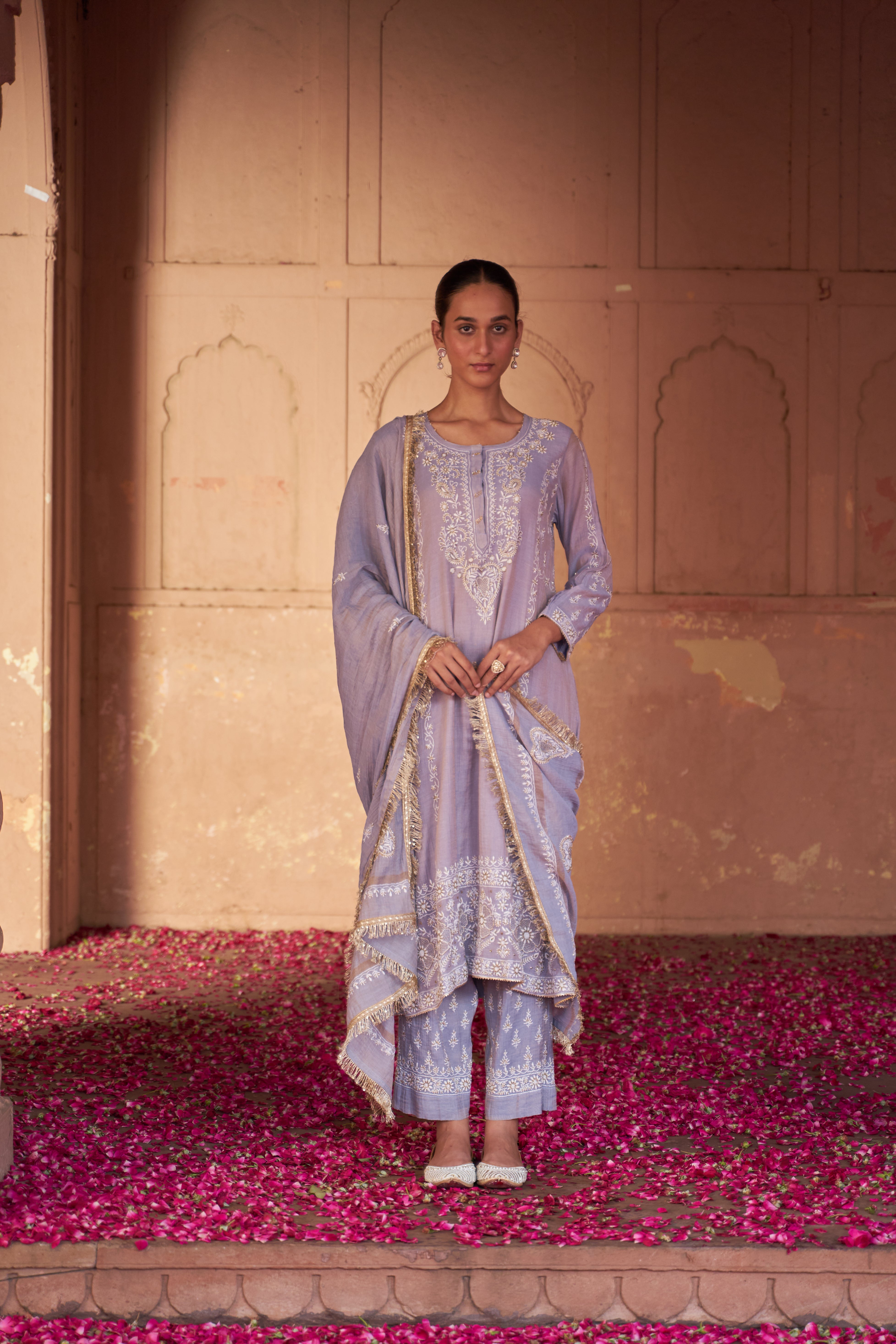 Powder blue tissue chikankari kurta set