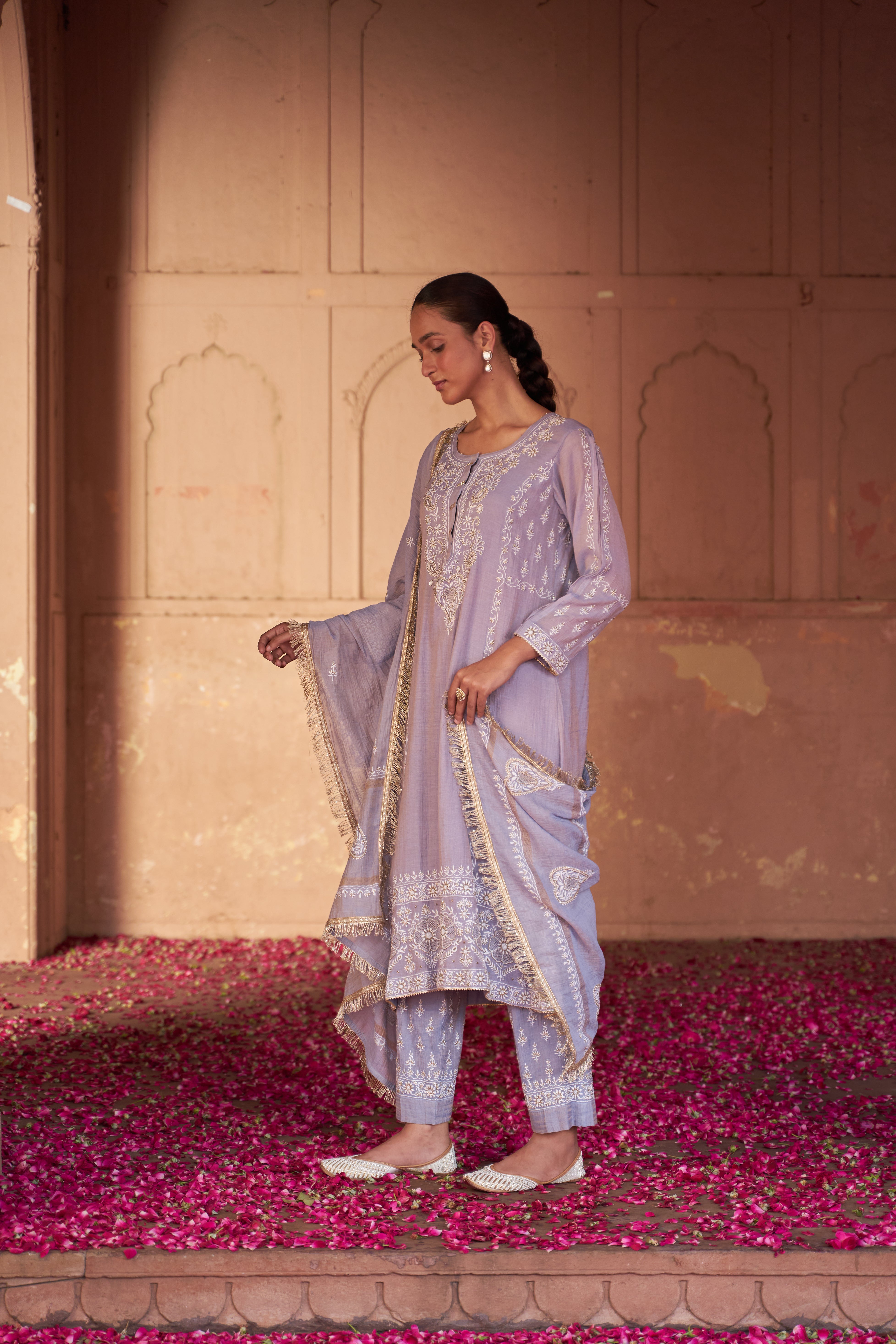 Powder blue tissue chikankari kurta set