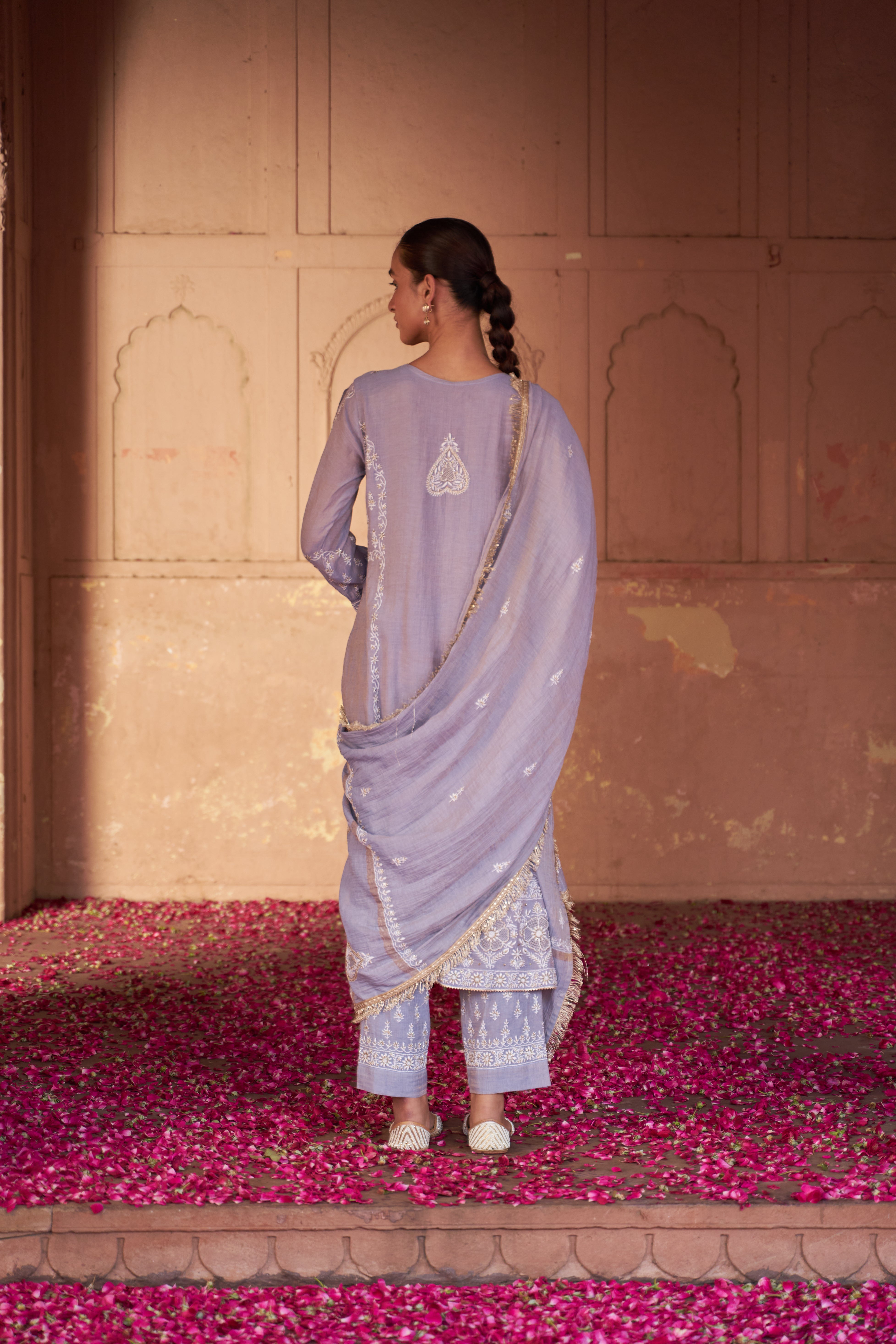 Powder blue tissue chikankari kurta set