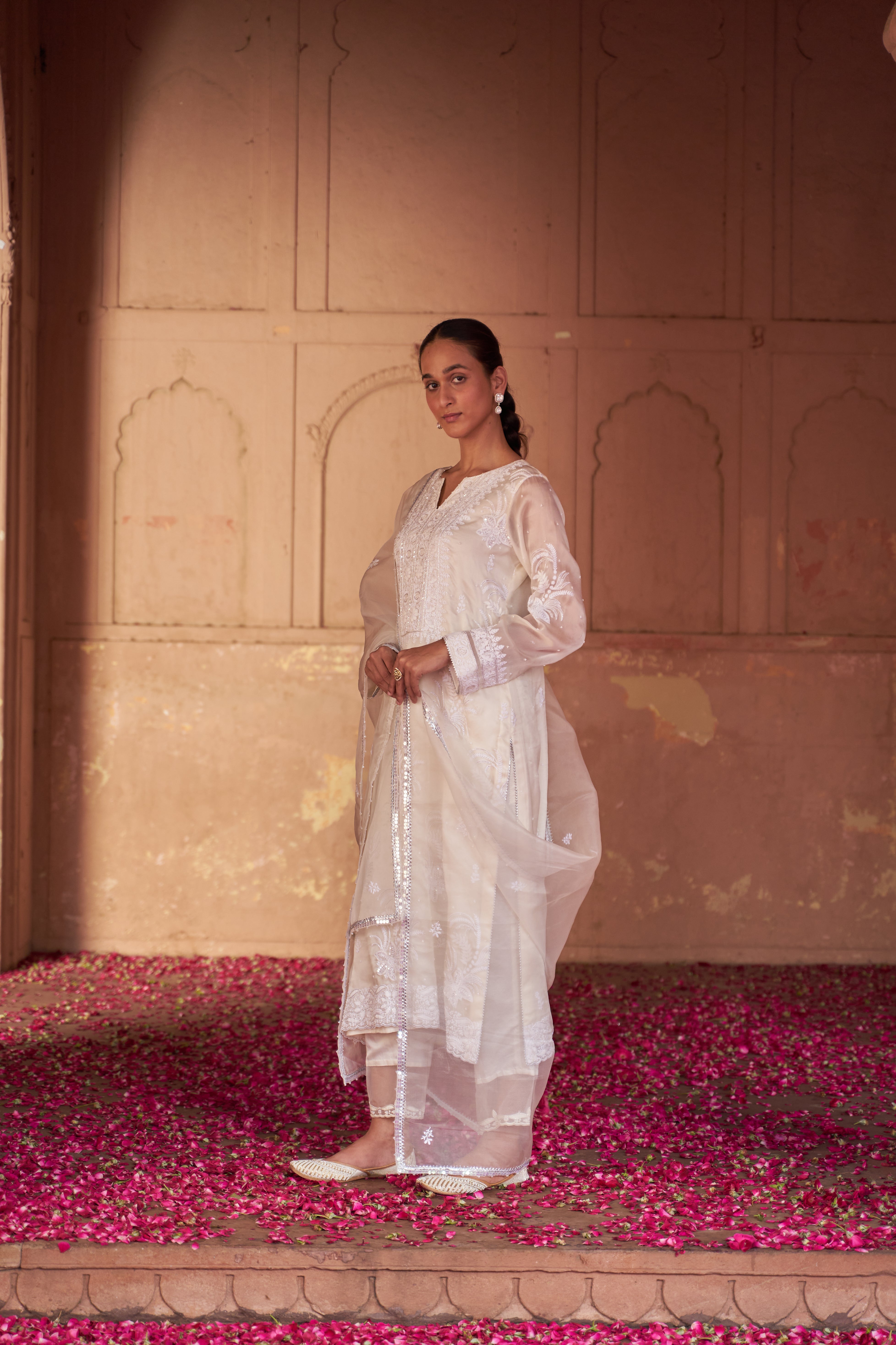 White organza chikankari kurta set