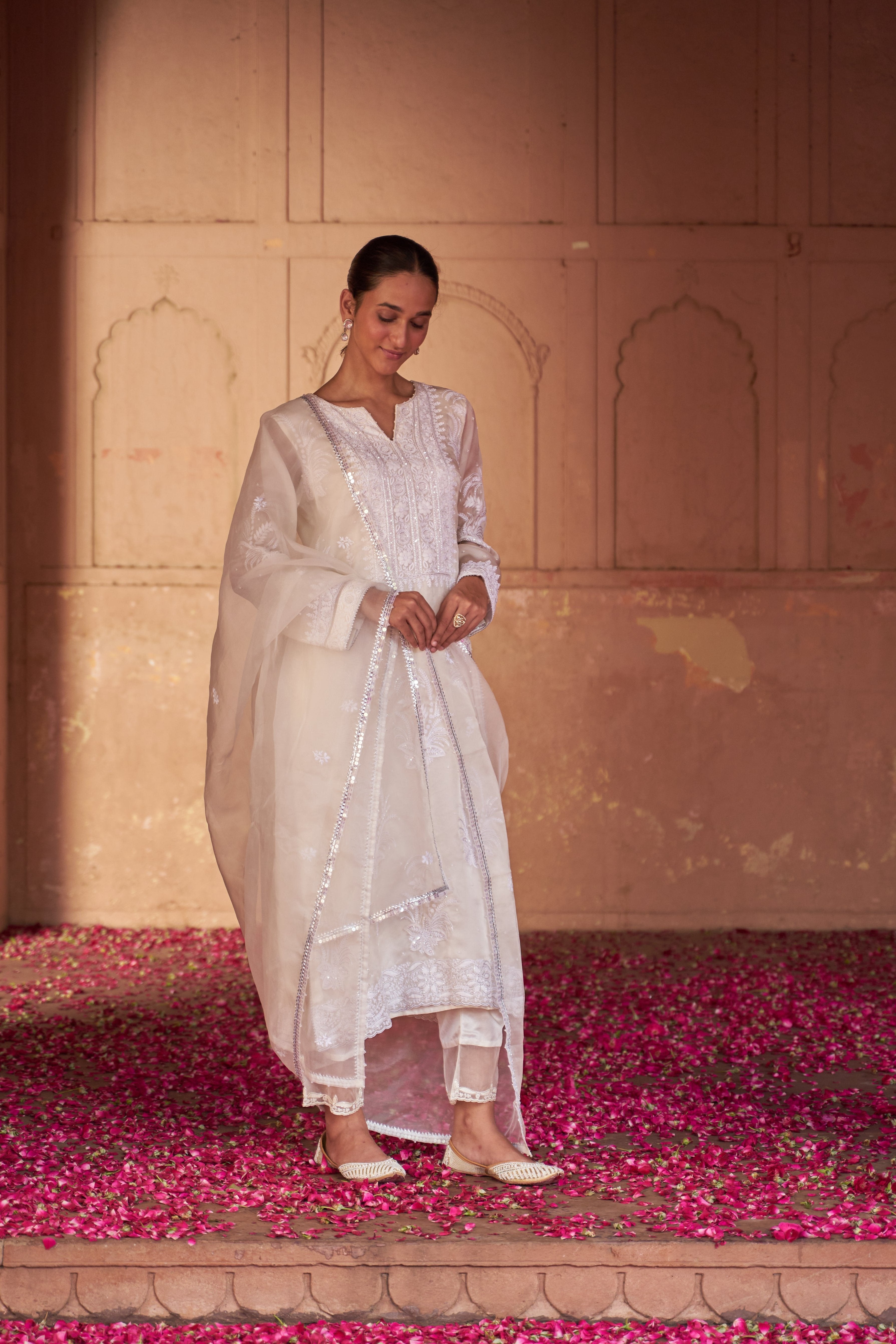 White organza chikankari kurta set