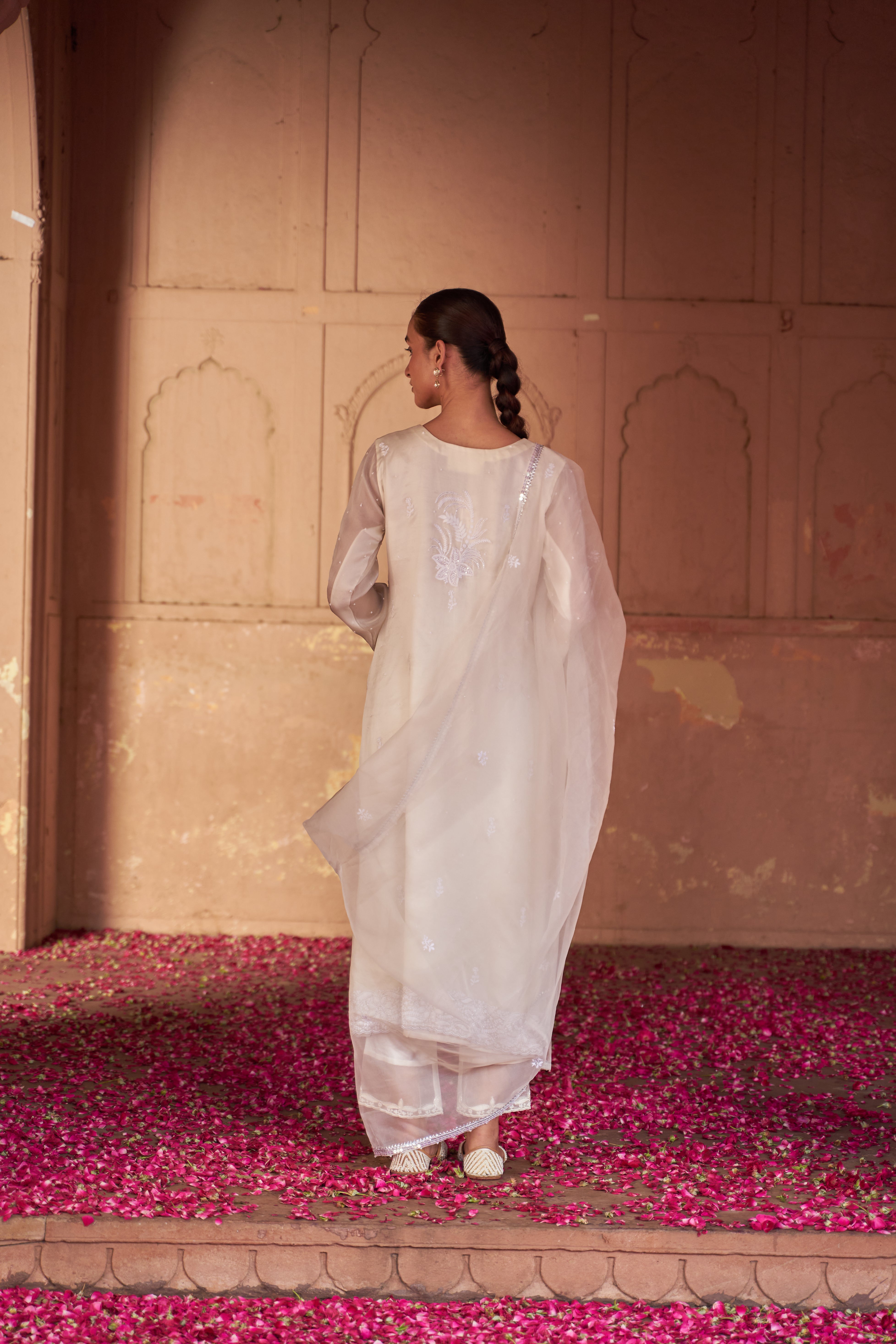 White organza chikankari kurta set