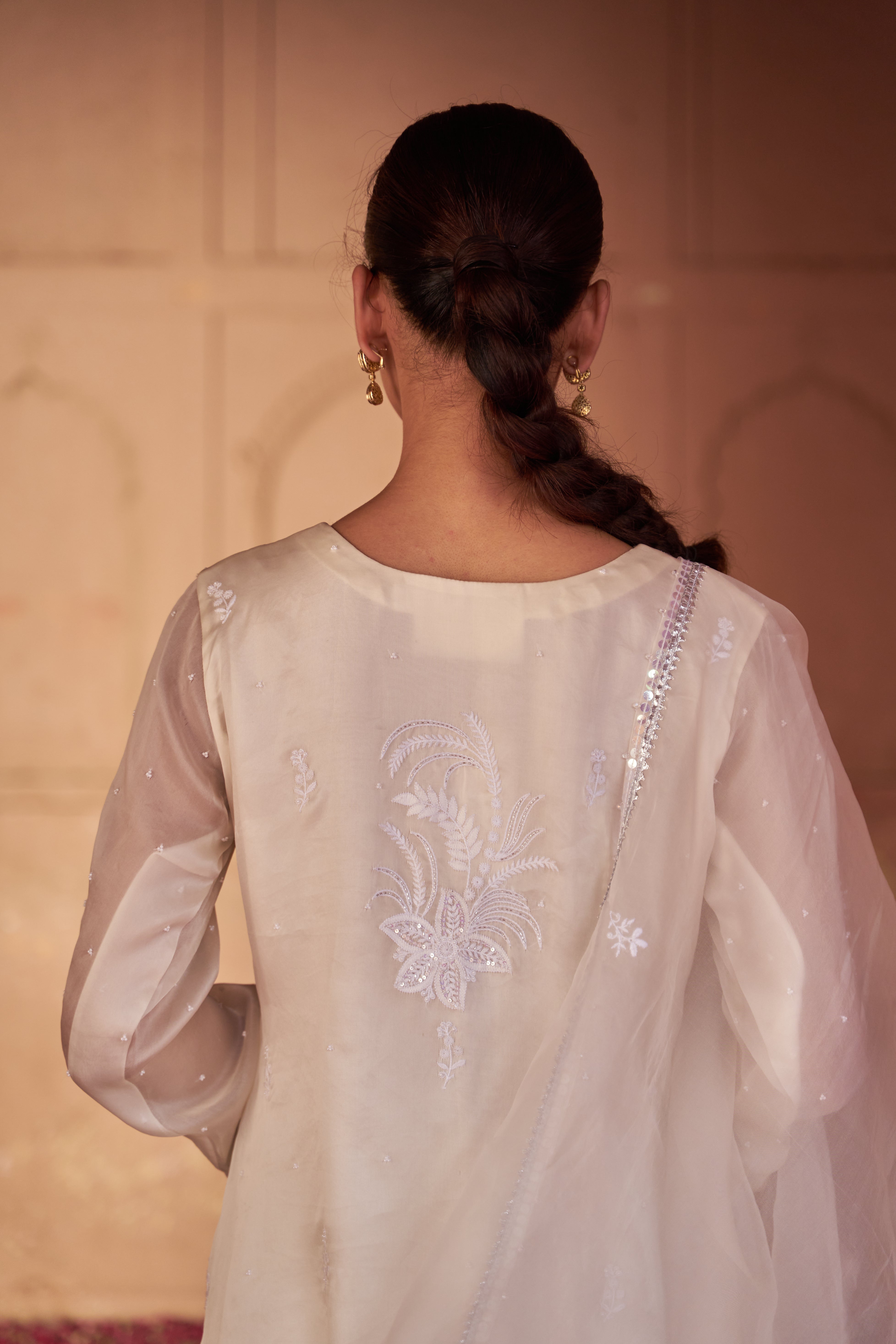 White organza chikankari kurta set